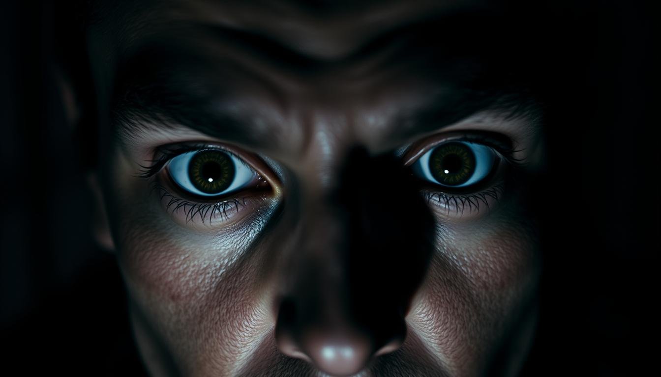 A high-contrast close-up portrait of a person with striking, wide-open eyes displaying prominent white sclera, conveying an intense, unnerving gaze. The subject's facial features are sharp and defined, with slightly furrowed brows and a serious, focused expression. The lighting is dramatic, casting deep shadows that accentuate the subject's facial contours and the striking intensity of their gaze. The background is blurred and subdued, allowing the subject's eyes to be the central focus of the image. The overall mood is one of psychological scrutiny, introspection, and a sense of unease.