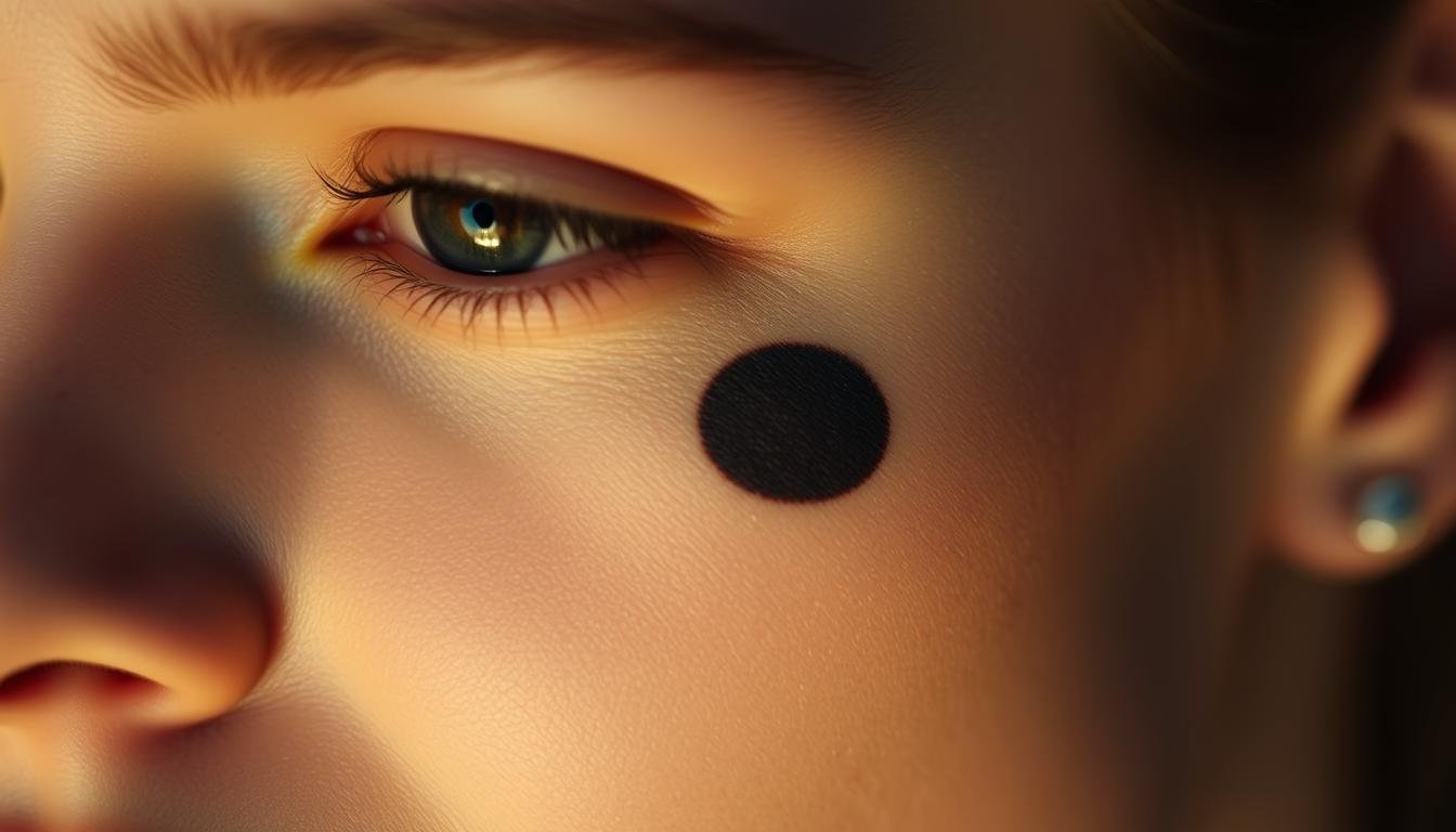 A high-resolution close-up of a person's face, illuminated by soft, warm lighting that accentuates the facial features. The focus is on a prominent black mole or birthmark on the cheek, just below the eye. The birthmark is the central subject, positioned in the middle of the frame, capturing its depth and texture in intricate detail. The background is blurred, creating a shallow depth of field that draws the viewer's attention to the birthmark. The overall mood is serene and contemplative, inviting the viewer to study the birthmark and its potential astrological and financial significance. A high-resolution close-up of a person's face, illuminated by soft, warm lighting that accentuates the facial features. The focus is on a prominent black mole or birthmark on the cheek, just below the eye. The birthmark is the central subject, positioned in the middle of the frame, capturing its depth and texture in intricate detail. The background is blurred, creating a shallow depth of field that draws the viewer's attention to the birthmark. The overall mood is serene and contemplative, inviting the viewer to study the birthmark and its potential astrological and financial significance.