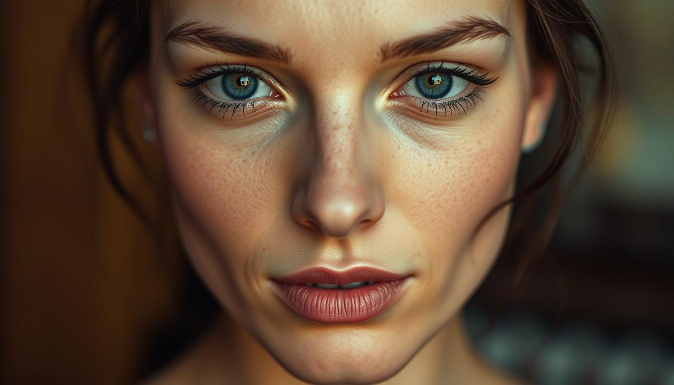 A high-resolution close-up photograph of a woman's face, seen from a slightly elevated angle, with a warm and natural lighting setup that casts soft shadows and highlights the intricate details of her facial features. The skin has a smooth, porcelain-like texture, and her expression is serene, with a slight, enigmatic smile. The focus is on the key areas of interest, such as the forehead, nose, lips, eyebrows, and chin, each revealing distinct moles, beauty marks, and other unique facial characteristics. The background is blurred, creating a sense of depth and emphasizing the subject's face. The overall atmosphere is one of contemplation and subtle elegance, inviting the viewer to closely examine the hidden meanings and insights that can be found in the nuances of the face.