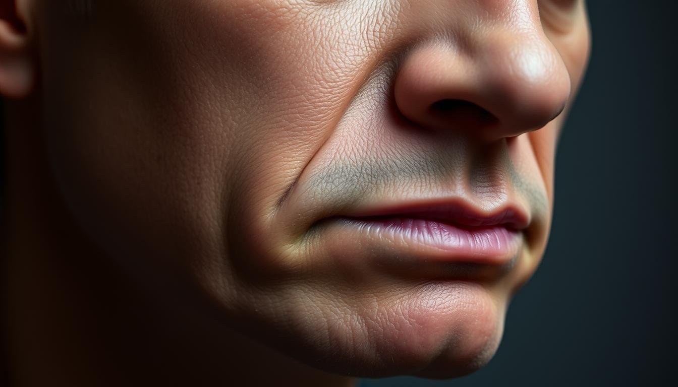 A high-resolution, detailed close-up view of a human chin and jawline. The chin is prominent and well-defined, conveying a strong, determined facial structure. The skin has a smooth, youthful texture, with subtle shadows and contours that highlight the chin's form. The lighting is soft and flattering, creating a calm, contemplative mood. The background is muted and out of focus, keeping the attention firmly on the subject's distinctive chin. The angle is slightly tilted upwards, emphasizing the chin's angular, masculine qualities. This image effectively illustrates the relationship between the chin, face shape, and an individual's personality and life experiences. A high-resolution, detailed close-up view of a human chin and jawline. The chin is prominent and well-defined, conveying a strong, determined facial structure. The skin has a smooth, youthful texture, with subtle shadows and contours that highlight the chin's form. The lighting is soft and flattering, creating a calm, contemplative mood. The background is muted and out of focus, keeping the attention firmly on the subject's distinctive chin. The angle is slightly tilted upwards, emphasizing the chin's angular, masculine qualities. This image effectively illustrates the relationship between the chin, face shape, and an individual's personality and life experiences.