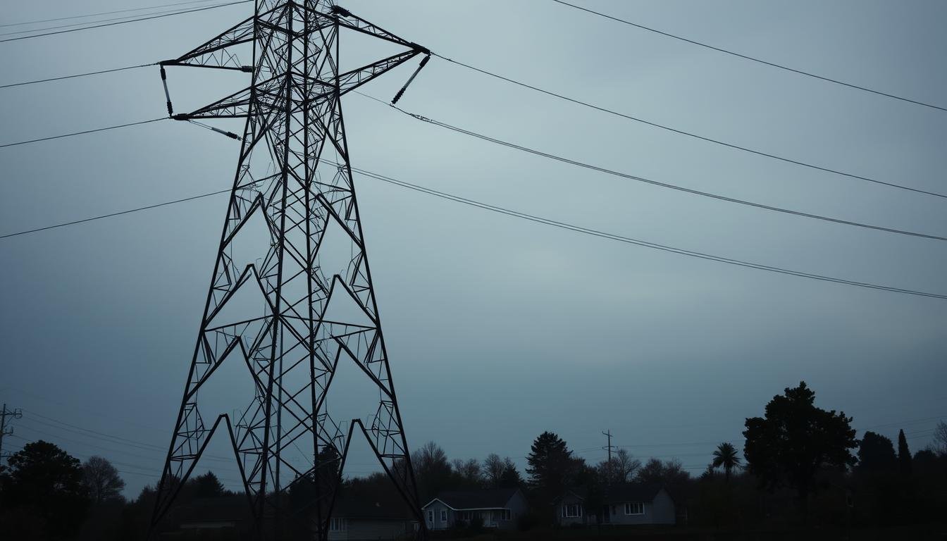 A high-voltage power tower looming in the foreground, its metallic lattice structure casting ominous shadows. In the middle ground, a residential neighborhood, houses and trees dwarfed by the towering structure. The sky is overcast, a sense of unease permeating the scene. Subtle hues of grays and blues create a somber, foreboding atmosphere. The camera angle is slightly low, emphasizing the imposing presence of the power tower, its scale and proximity to the homes suggesting potential health and property value risks. Lighting is soft, with a hint of dramatic chiaroscuro to heighten the sense of tension and unease.