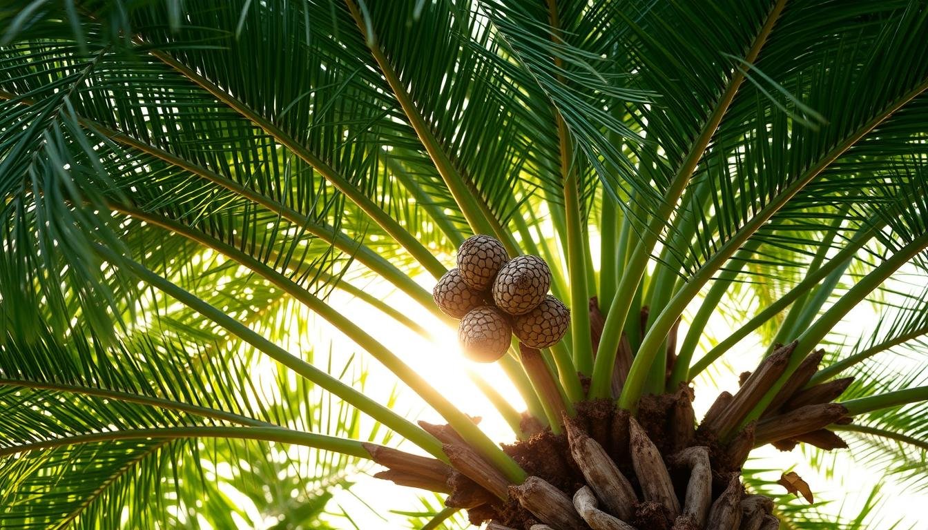 A lush and serene iron tree (Cycas revoluta) in full bloom, its vibrant fronds unfurling against a backdrop of soft, warm lighting. The intricate flowers, resembling delicate pinecones, emerge from the center of the plant, radiating an aura of tranquility and harmony. The scene is captured from a low angle, emphasizing the stately presence of the iron tree and its symbolic connection to traditional Chinese feng shui practices. The overall mood is one of balance, growth, and the celebration of nature's timeless cycles.