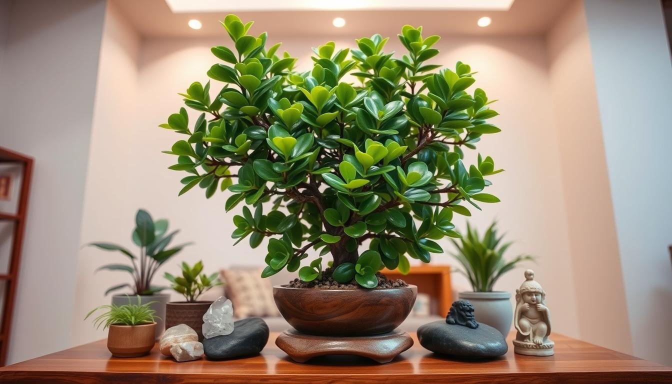 A lush, harmonious indoor scene showcasing a majestic Jade Plant, or Crassula Ovata, also known as the "Jade Bonsai" or "Money Tree", its thick, waxy leaves gleaming under warm, diffused lighting. The plant is prominently displayed on a wooden pedestal or table, flanked by complementary potted plants and natural elements like smooth river rocks, crystals, and a small, decorative ceramic statue. The overall arrangement evokes a sense of balance, prosperity, and positive energy, perfectly suited for a traditional Chinese Feng Shui inspired home or office space. The camera angle is slightly elevated, capturing the harmonious composition from an eye-level perspective, allowing the viewer to fully appreciate the thoughtful placement and symbolic significance of the Jade Plant within the vignette.