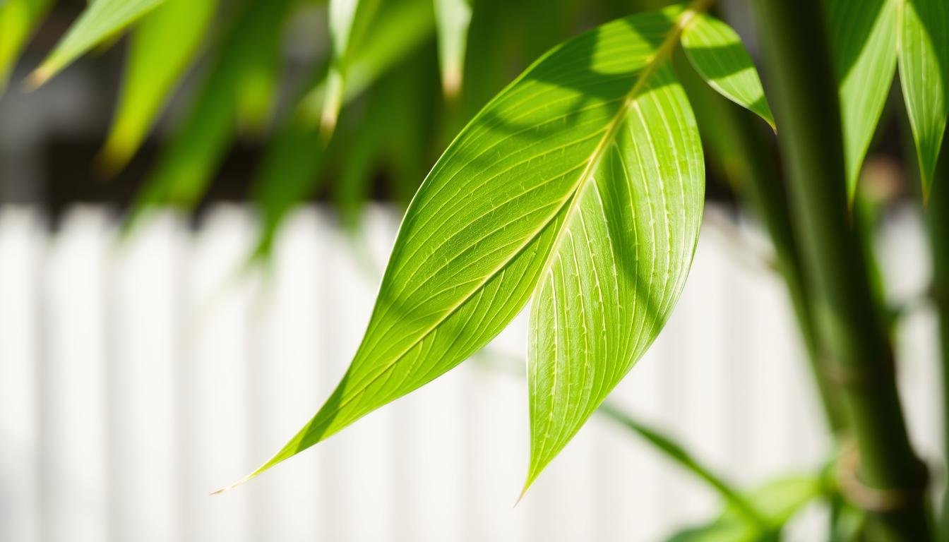 A lush, healthy green bamboo leaf, meticulously detailed, with a soft, natural lighting that accentuates the intricate veins and the delicate, waxy texture of the foliage. The leaf is positioned in the center of the frame, filling the foreground, with a blurred, out-of-focus background that suggests a serene, tranquil environment. The lighting casts gentle shadows, adding depth and dimension to the leaf, and the overall mood is one of calm, wellness, and harmony - reflecting the topic of healthy, thriving bamboo plants and their positive feng shui benefits. A lush, healthy green bamboo leaf, meticulously detailed, with a soft, natural lighting that accentuates the intricate veins and the delicate, waxy texture of the foliage. The leaf is positioned in the center of the frame, filling the foreground, with a blurred, out-of-focus background that suggests a serene, tranquil environment. The lighting casts gentle shadows, adding depth and dimension to the leaf, and the overall mood is one of calm, wellness, and harmony - reflecting the topic of healthy, thriving bamboo plants and their positive feng shui benefits.