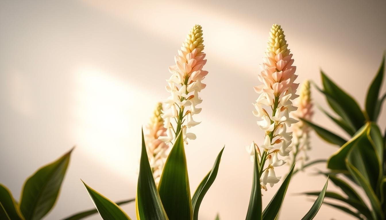 A lush, vibrant tiger's tail plant (Sansevieria) in full bloom, its tall flower stalks reaching skyward against a serene, ethereal backdrop. The delicate blooms, a harmonious blend of white and soft pink hues, exude a sense of tranquility and abundance. Warm, diffused lighting filters through, casting a gentle glow that accentuates the plant's graceful form. The scene radiates an aura of positive energy and prosperity, hinting at the plant's symbolism of good fortune and new beginnings. The composition is balanced, drawing the viewer's eye to the captivating floral display, inviting a contemplative exploration of the plant's deeper meaning in traditional feng shui.
