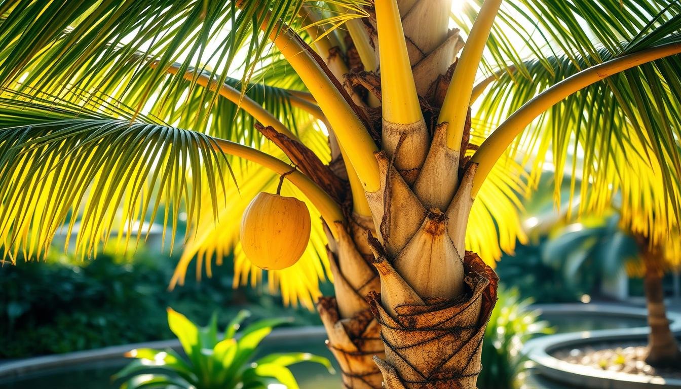 A lush, vibrant yellow coconut palm tree stands gracefully, its fronds swaying gently in the warm breeze. The tree is positioned in a tranquil garden setting, surrounded by verdant foliage and a serene pond. Soft, natural lighting filters through the leaves, casting a warm, golden glow on the scene. The tree's thick, sturdy trunk is the focal point, its deeply grooved bark and gentle curves adding depth and texture to the composition. The coconut itself, a symbol of prosperity and good fortune, hangs ripe and heavy from the branches, its golden hue complementing the verdant leaves. The overall atmosphere is one of harmony, balance, and a sense of nurturing care for this auspicious plant. A lush, vibrant yellow coconut palm tree stands gracefully, its fronds swaying gently in the warm breeze. The tree is positioned in a tranquil garden setting, surrounded by verdant foliage and a serene pond. Soft, natural lighting filters through the leaves, casting a warm, golden glow on the scene. The tree's thick, sturdy trunk is the focal point, its deeply grooved bark and gentle curves adding depth and texture to the composition. The coconut itself, a symbol of prosperity and good fortune, hangs ripe and heavy from the branches, its golden hue complementing the verdant leaves. The overall atmosphere is one of harmony, balance, and a sense of nurturing care for this auspicious plant.