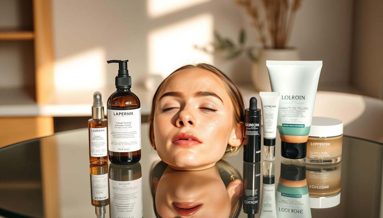 A meticulous skincare routine for a healthy, youthful forehead. An immaculate glass table reflects the serene scene - a selection of premium skincare products, including a luxurious facial oil, a soothing moisturizer, and a rejuvenating exfoliating scrub. Warm, diffused lighting casts a flattering glow, capturing the intricate texture of the skin and the subtle sheen of the products. In the background, a minimalist, zen-inspired environment creates a calming atmosphere, inviting the viewer to indulge in a moment of self-care and nourishment for the forehead.