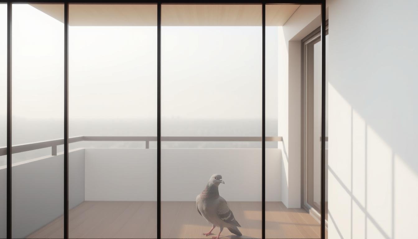 A minimalist modern terrace with an elegant, inconspicuous window screen made of translucent black metal bars, designed to blend seamlessly with the architectural style. The screen appears almost invisible, allowing unobstructed views of the outdoor space. Soft, diffused natural lighting filters through the screen, creating a calming, harmonious atmosphere. The scene evokes a sense of tranquility and practicality, perfectly suited for deterring pigeons while preserving the visual harmony of the balcony. The screen's discrete profile and high-quality construction suggest a thoughtful, strategic approach to addressing the pigeon problem.