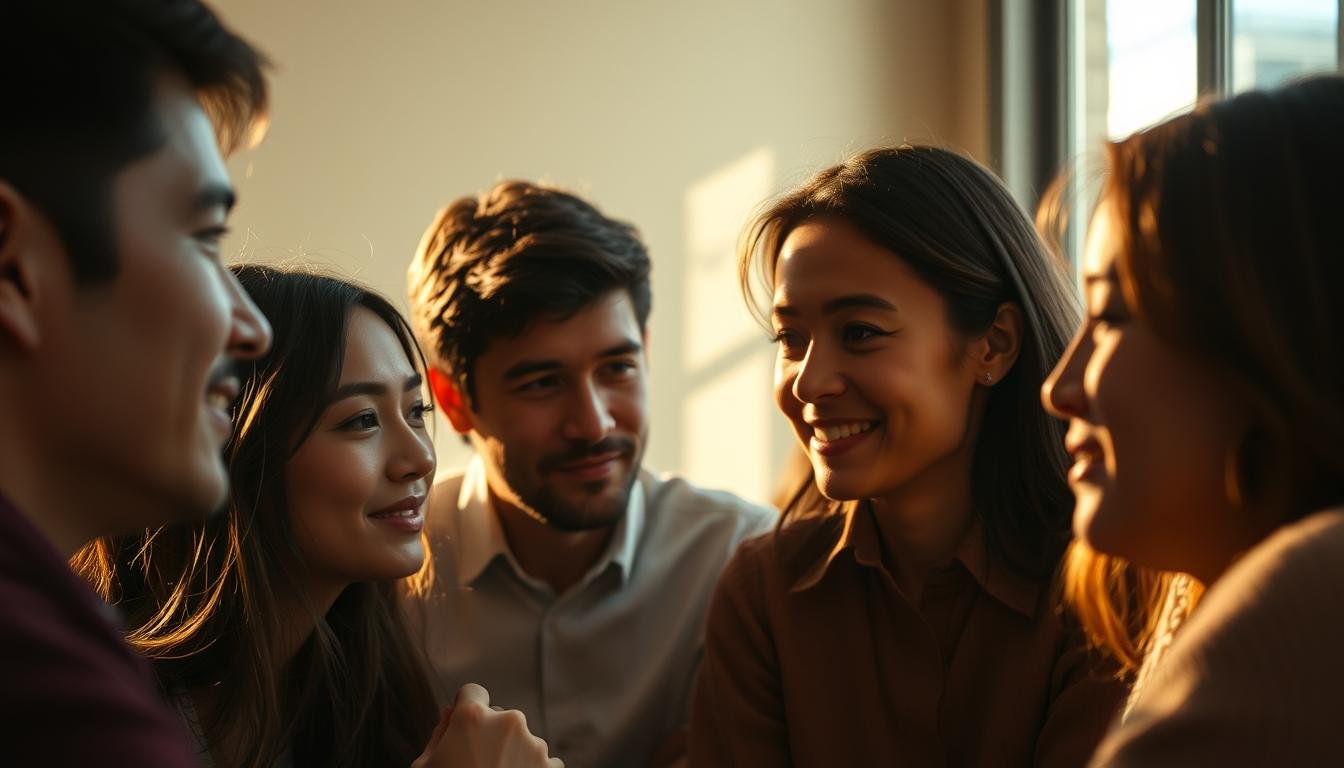 A peaceful gathering of friends, engaged in deep, thoughtful conversation. Warm, natural lighting bathes the scene, casting a soft, inviting glow. The faces of the individuals are prominently featured, their expressions conveying a sense of trust, openness, and mutual understanding. In the background, a simple, minimalist setting - perhaps a cozy living room or cafe - provides a calm, uncluttered backdrop, allowing the interactions between the friends to take center stage. The composition is balanced, with the figures arranged in a way that suggests a harmonious, collaborative dynamic. An aura of intimacy and camaraderie permeates the image, reflecting the theme of "交友法與信任判讀."
