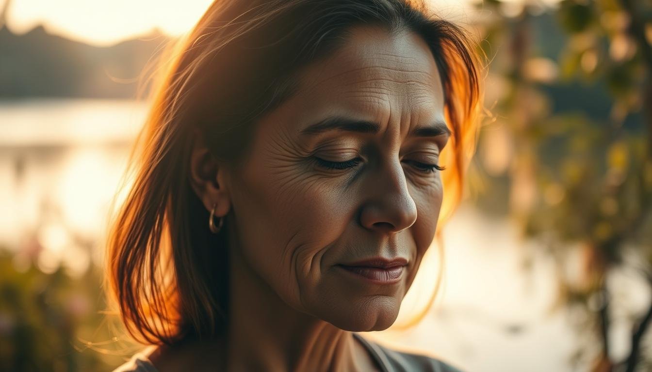 A peaceful, introspective scene of a person in deep contemplation, their face reflecting the wisdom and insights gained through years of self-discovery. Soft, warm lighting illuminates their serene expression, conveying a sense of tranquility and inner balance. The background is a harmonious blend of soothing natural elements, such as a serene garden or a tranquil lakeside setting, creating an atmosphere of mindfulness and self-reflection. The composition emphasizes the subject's face, drawing the viewer's attention to the subtle nuances and contours that reveal the individual's character and life experiences. The overall mood is one of introspection, personal growth, and the understanding of one's true nature.