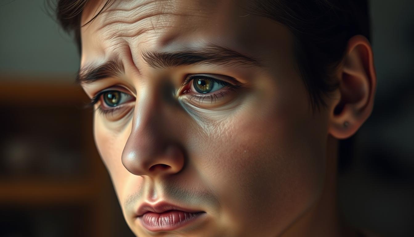 A pensive figure, their brow furrowed, expression conveying a range of emotions - from contemplative calm to simmering intensity. The lighting is soft, creating a sense of introspection, with shadows and highlights sculpting the face to reveal its contours and subtleties. The background is blurred, drawing the viewer's focus to the subject's face and its subtle shifts in mood, reflecting the interplay between tranquility and turbulence. Rendered with a painterly, evocative style, this image captures the nuanced relationship between eyebrow expression and emotional state.