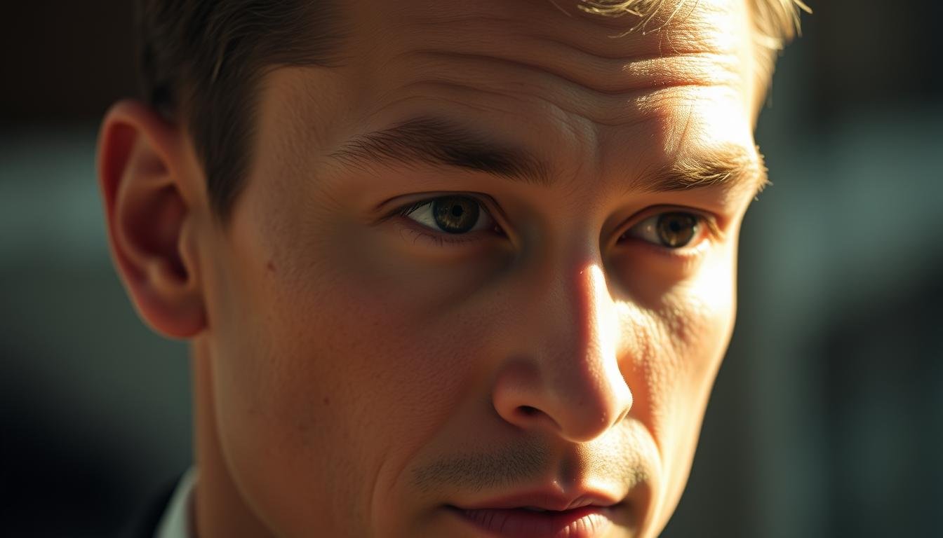 A professional man's face in close-up, lit by warm natural light from the side. His skin is clear and youthful, with a thoughtful expression. In the center of his forehead, a single, small, well-defined beauty mark stands out subtly, almost glowing. The background is blurred, placing the focus entirely on the face and the intriguing facial feature. The mood is one of introspection and quiet confidence, with the beauty mark adding a touch of mystery and charm. A professional man's face in close-up, lit by warm natural light from the side. His skin is clear and youthful, with a thoughtful expression. In the center of his forehead, a single, small, well-defined beauty mark stands out subtly, almost glowing. The background is blurred, placing the focus entirely on the face and the intriguing facial feature. The mood is one of introspection and quiet confidence, with the beauty mark adding a touch of mystery and charm.