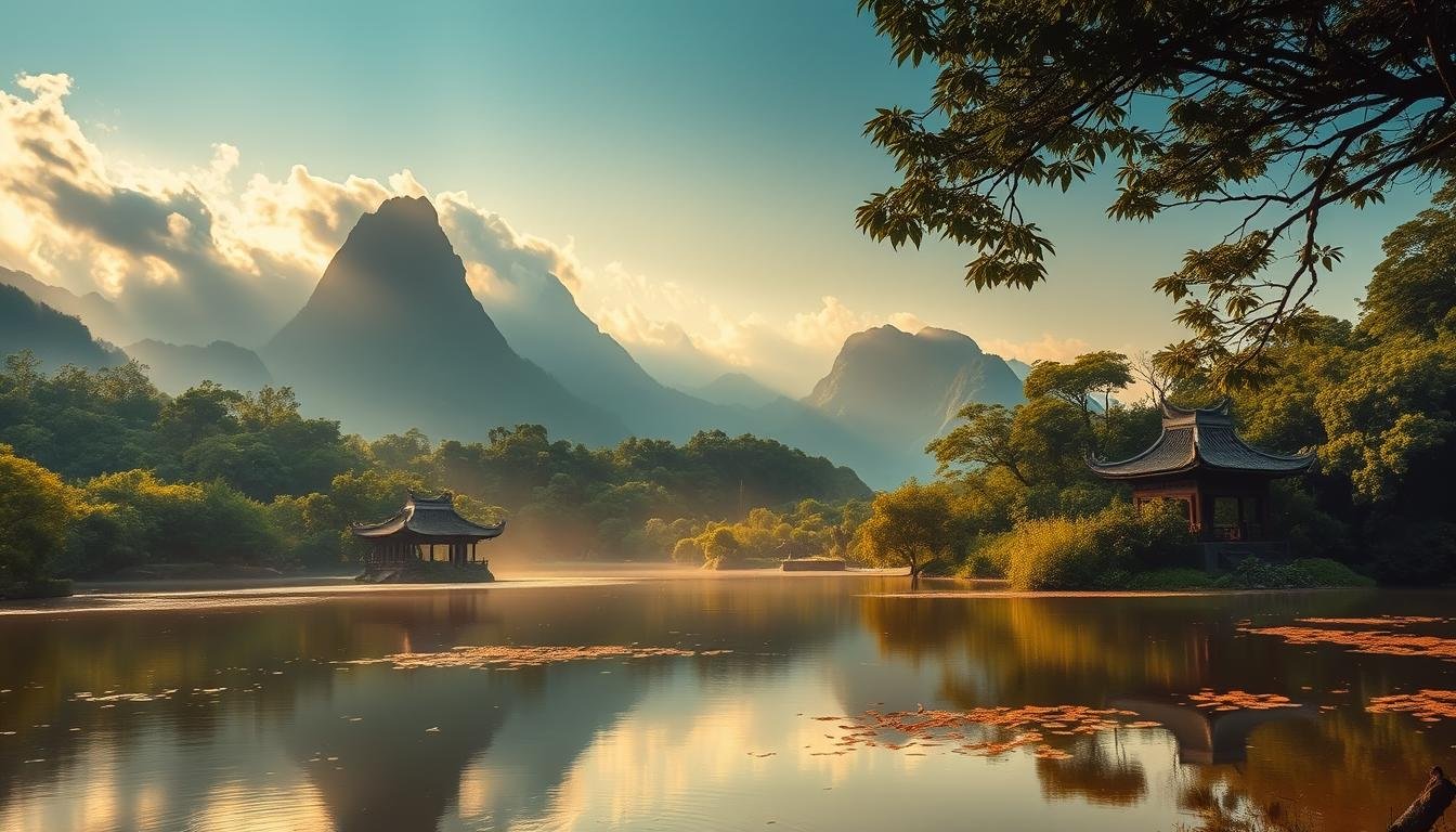 A serene Taiwanese landscape unfolds, bathed in warm golden light. In the foreground, a tranquil pond reflects the lush, verdant foliage surrounding it. Towering mountains rise in the distance, their peaks shrouded in wispy clouds. The scene exudes a sense of harmony and timeless tradition, capturing the essence of Taiwanese culture and its deep connection to the natural world. The lighting is soft and diffused, creating a dreamlike, contemplative atmosphere. The camera angle is slightly elevated, allowing the viewer to take in the scene's breadth and grandeur. This image aims to transport the viewer to a place of introspection and cultural immersion.