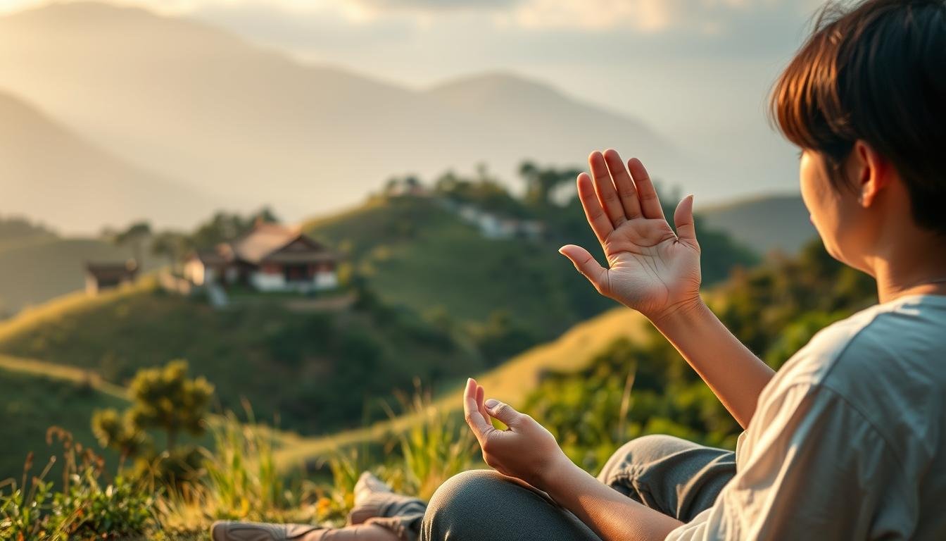 A serene Taiwanese landscape with rolling hills, lush greenery, and a traditional temple nestled in the background. In the foreground, a person sits cross-legged, deep in contemplation, studying the lines and patterns of their palm. Soft, warm lighting bathes the scene, creating an atmosphere of introspection and connection with the natural world. The composition emphasizes the harmony between the physical environment and the spiritual practice of face reading, or "mian xiang," offering a tranquil, insightful representation of its application in the Taiwanese context.