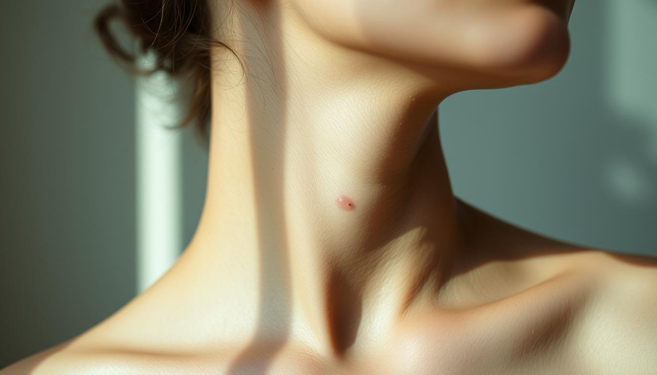 A serene and contemplative portrait of a person's neck and shoulders, capturing the subtle beauty of a mole or birthmark. Soft, natural lighting illuminates the subject's skin, highlighting the delicate texture and contours. The composition places the focal point on the neck, drawing the viewer's gaze to this area of interest. The background is hazy and blurred, creating a sense of depth and focus on the central element. The overall mood is one of introspection and quiet elegance, inviting the viewer to ponder the significance and symbolism of this unique physical feature. A serene and contemplative portrait of a person's neck and shoulders, capturing the subtle beauty of a mole or birthmark. Soft, natural lighting illuminates the subject's skin, highlighting the delicate texture and contours. The composition places the focal point on the neck, drawing the viewer's gaze to this area of interest. The background is hazy and blurred, creating a sense of depth and focus on the central element. The overall mood is one of introspection and quiet elegance, inviting the viewer to ponder the significance and symbolism of this unique physical feature.