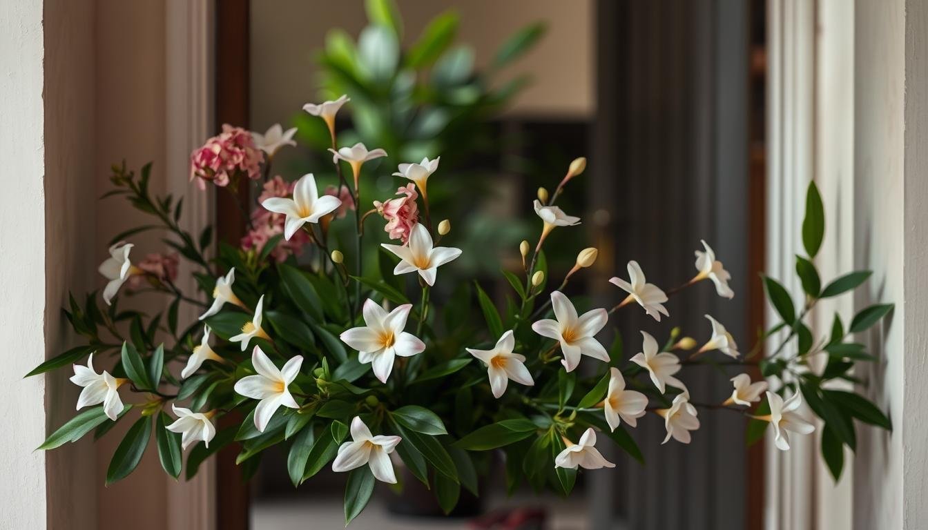 A serene and harmonious Chinese tea flower arrangement, meticulously positioned to enhance the energy flow and luck of a residential space. The delicate blooms in shades of pink and white are set against a backdrop of lush green foliage, creating a tranquil and inviting atmosphere. The arrangement is thoughtfully placed near an entryway, framing the doorway and welcoming visitors with its calming presence. Soft, diffused lighting casts a warm glow, highlighting the intricate details of the flowers and their graceful positioning. The overall composition embodies the principles of feng shui, promoting balance, prosperity, and a harmonious living environment.
