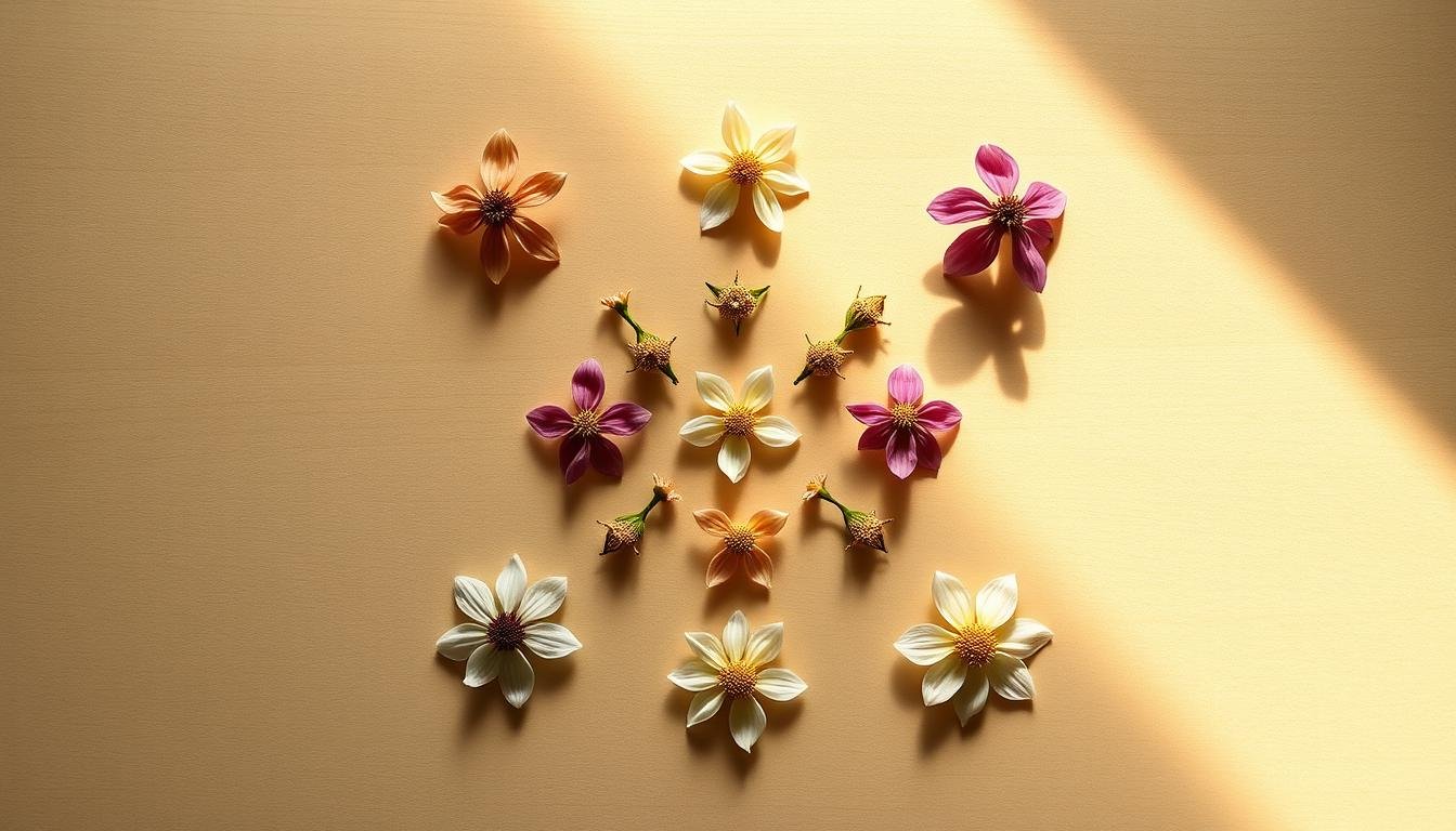 A serene and harmonious arrangement of tea flowers in a Bagua-inspired layout, illuminated by soft, natural lighting. The flowers are positioned strategically in each of the eight trigrams, symbolizing the balance of yin and yang energies. The composition features delicate, pastel-hued tea blossoms against a backdrop of smooth, polished wood or stone, creating a sense of tranquility and elegance. The overall scene evokes a deep connection to traditional Chinese philosophy and the pursuit of auspicious living through the harmonious placement of natural elements.
