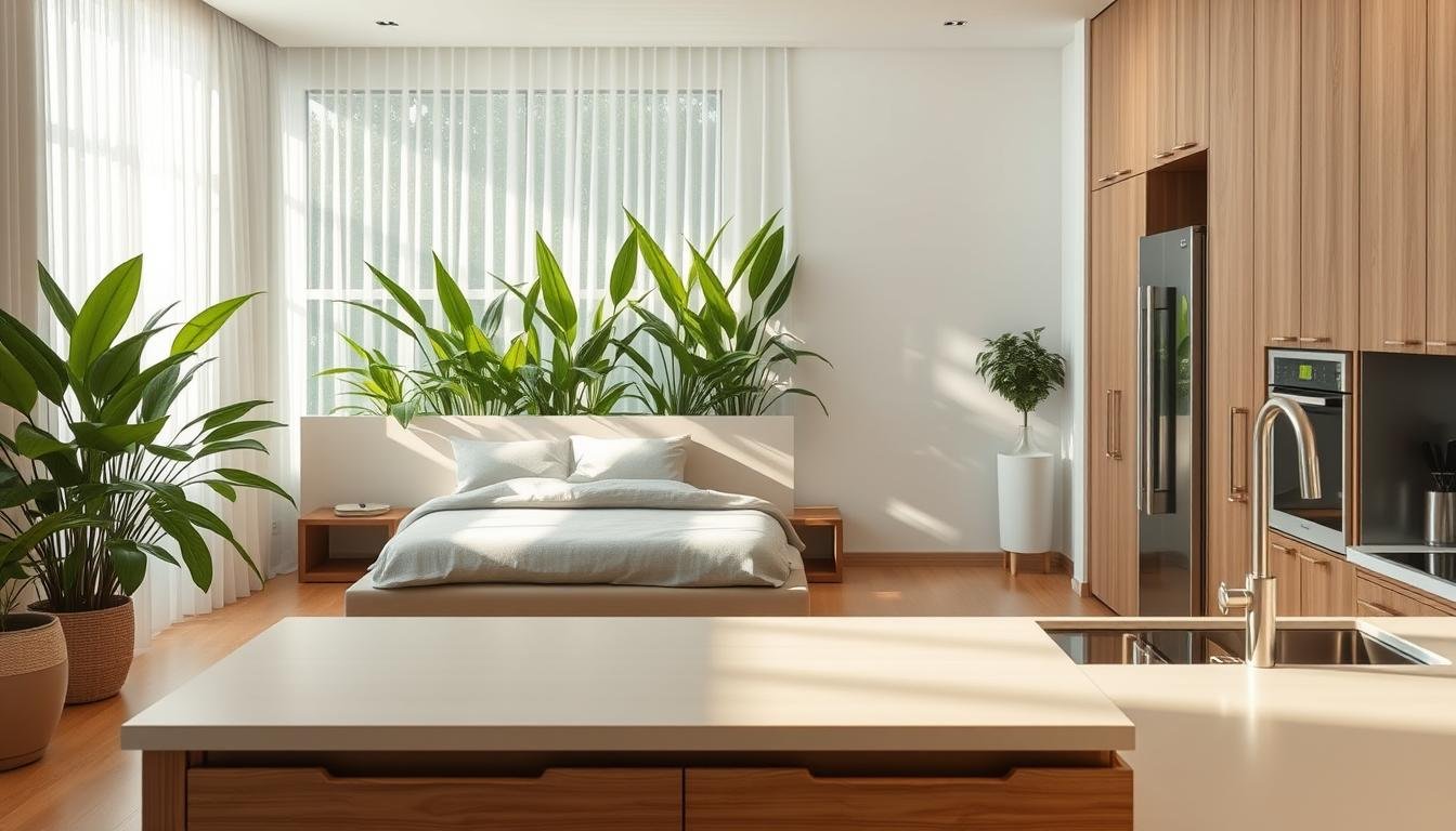 A serene and harmonious bedroom-kitchen scene, bathed in the calming glow of natural light. The bedroom features a minimalist, Zen-inspired design with a plush, low-profile bed framed by lush, verdant plants - the "green emperor" motif. Sunlight filters through sheer curtains, casting a soft, diffused illumination. In the foreground, a modern, well-equipped kitchen with clean lines and sleek, stainless-steel appliances. Wooden accents and earthy tones create a warm, balanced atmosphere, countering the potential heaviness of the kitchen. The overall composition radiates a sense of harmony, balance, and flow - a visual representation of the principles of "Feng Shui". A serene and harmonious bedroom-kitchen scene, bathed in the calming glow of natural light. The bedroom features a minimalist, Zen-inspired design with a plush, low-profile bed framed by lush, verdant plants - the "green emperor" motif. Sunlight filters through sheer curtains, casting a soft, diffused illumination. In the foreground, a modern, well-equipped kitchen with clean lines and sleek, stainless-steel appliances. Wooden accents and earthy tones create a warm, balanced atmosphere, countering the potential heaviness of the kitchen. The overall composition radiates a sense of harmony, balance, and flow - a visual representation of the principles of "Feng Shui".