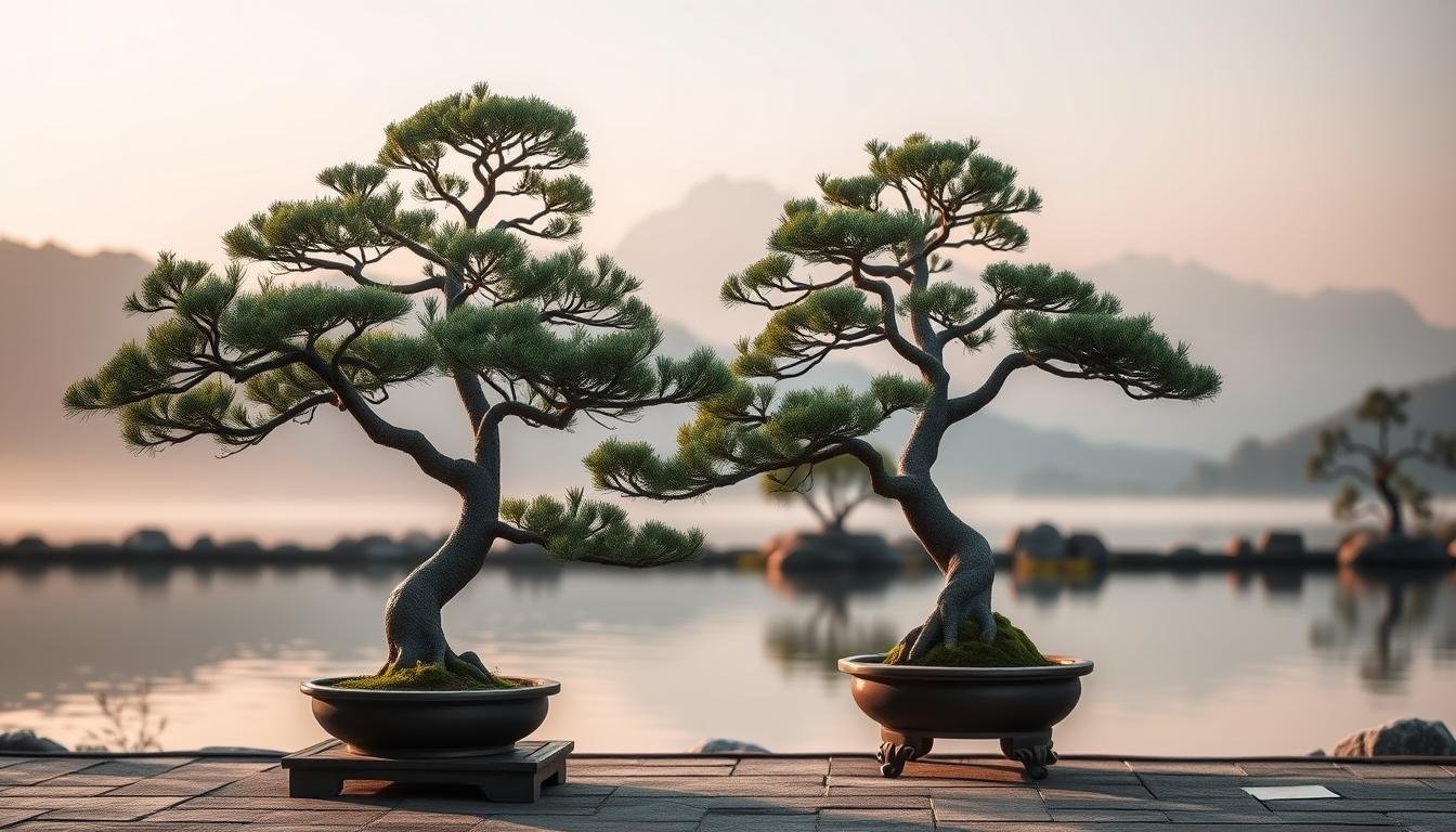 A serene composition showcasing the principles of silver cypress (銀柏) placement in Feng Shui. In the foreground, a pair of elegant silver cypress bonsai trees stand tall, their graceful branches and lush foliage meticulously arranged. The middle ground features a tranquil pond, its still waters reflecting the trees and surrounding natural elements. In the background, a mountain landscape rises, its distant peaks shrouded in mist, creating a sense of depth and harmony. Warm, diffused lighting bathes the scene, accentuating the natural textures and colors. The overall atmosphere evokes a profound sense of balance, serenity, and the timeless wisdom of traditional Feng Shui principles. A serene composition showcasing the principles of silver cypress (銀柏) placement in Feng Shui. In the foreground, a pair of elegant silver cypress bonsai trees stand tall, their graceful branches and lush foliage meticulously arranged. The middle ground features a tranquil pond, its still waters reflecting the trees and surrounding natural elements. In the background, a mountain landscape rises, its distant peaks shrouded in mist, creating a sense of depth and harmony. Warm, diffused lighting bathes the scene, accentuating the natural textures and colors. The overall atmosphere evokes a profound sense of balance, serenity, and the timeless wisdom of traditional Feng Shui principles.