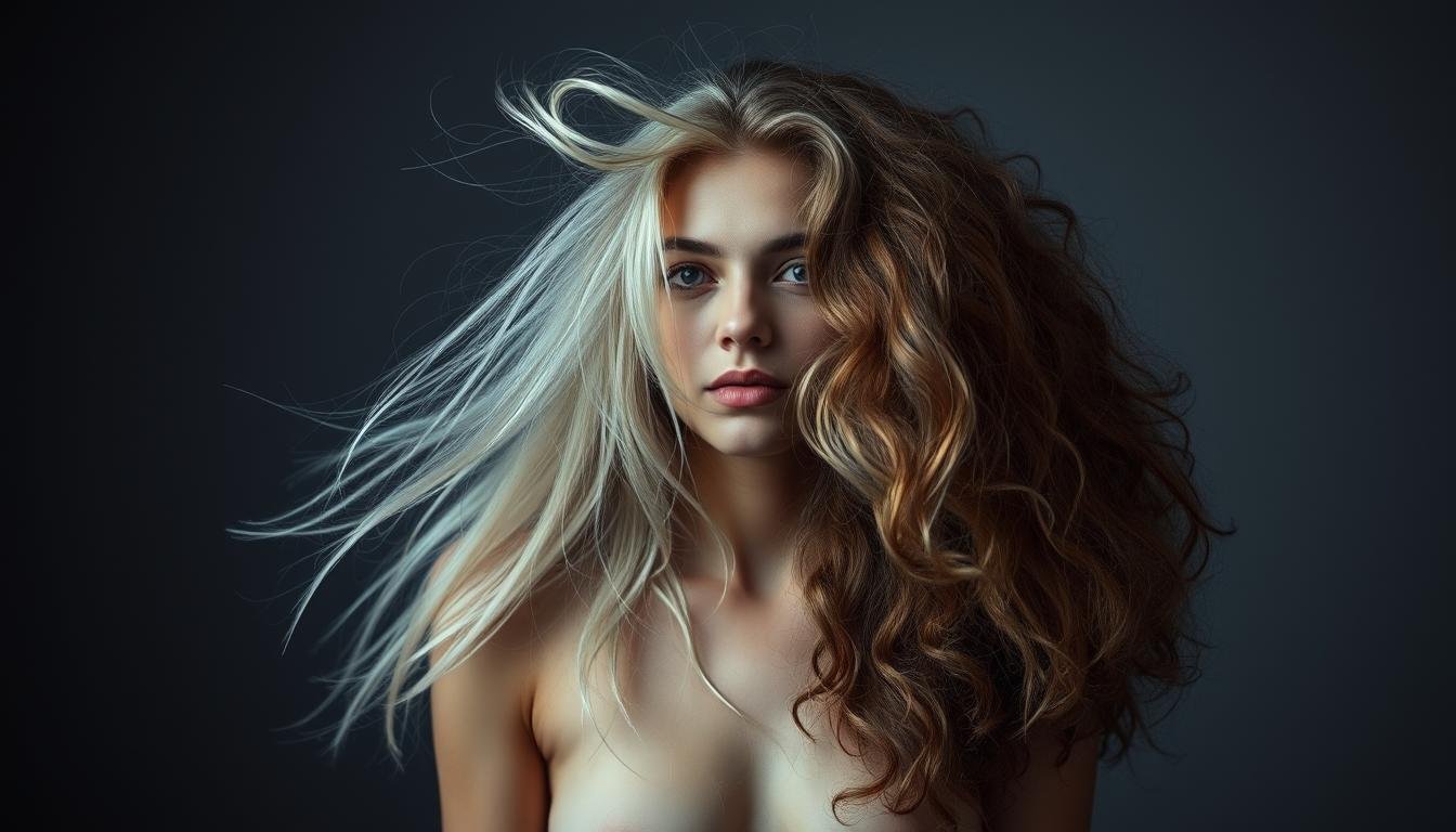 A serene, dimly-lit studio setting with a central figure showcasing their diverse hair textures and personality. Soft, wispy strands cascade over their shoulders, contrasting with coarse, unruly locks. Subtle lighting accentuates the interplay between fine, silky hair and thick, wavy tresses, capturing the nuanced relationship between one's hair and inner character. The figure's pensive expression invites the viewer to ponder the insights that can be gleaned from this intimate study of hair and temperament. A muted color palette and slightly blurred background keep the focus on the captivating display of follicular and emotional complexity. A serene, dimly-lit studio setting with a central figure showcasing their diverse hair textures and personality. Soft, wispy strands cascade over their shoulders, contrasting with coarse, unruly locks. Subtle lighting accentuates the interplay between fine, silky hair and thick, wavy tresses, capturing the nuanced relationship between one's hair and inner character. The figure's pensive expression invites the viewer to ponder the insights that can be gleaned from this intimate study of hair and temperament. A muted color palette and slightly blurred background keep the focus on the captivating display of follicular and emotional complexity.