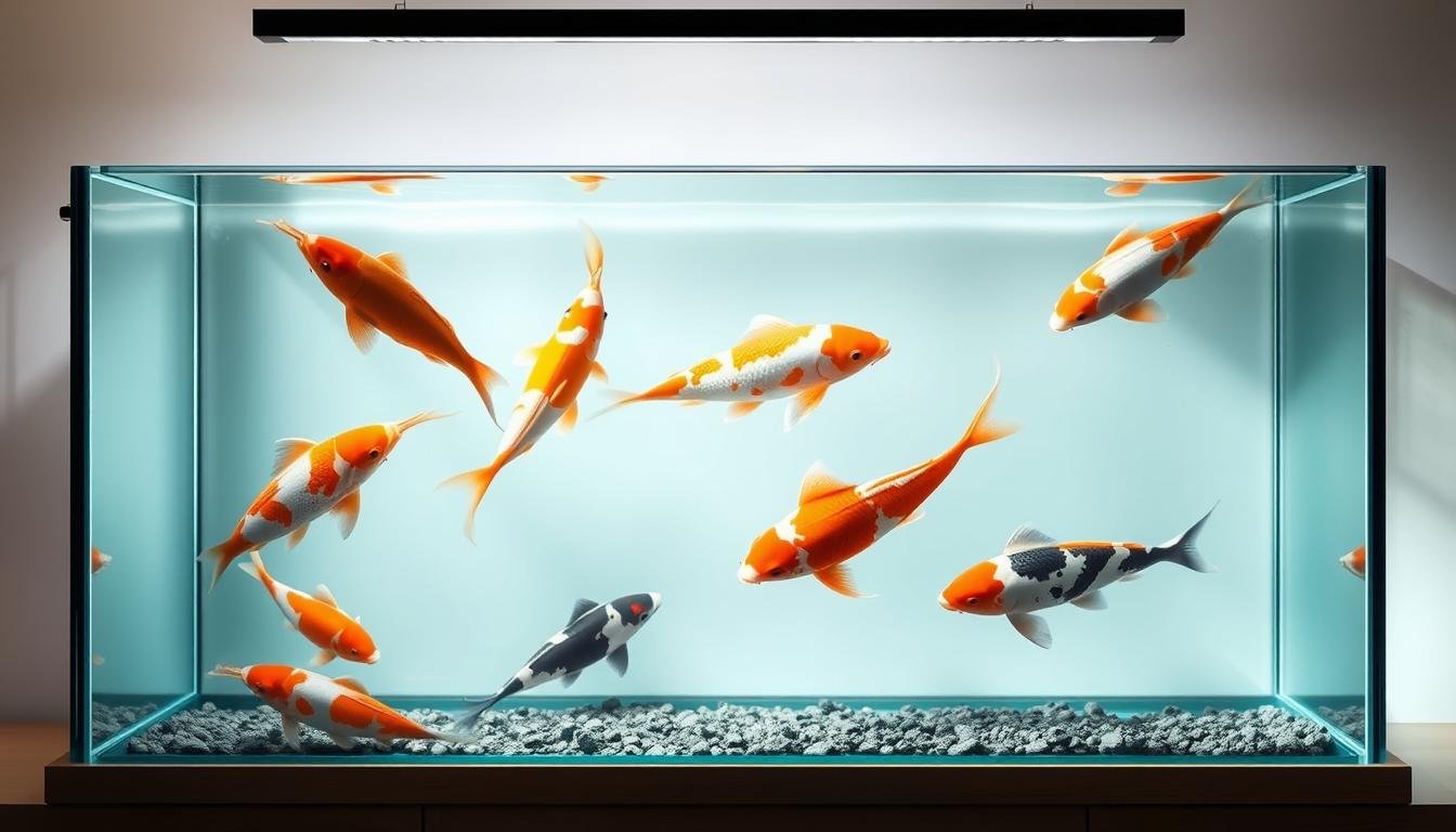 A serene feng shui-inspired aquarium, its rectangular form casting a tranquil presence. The aquarium is positioned diagonally, its corners aligned with the cardinal directions, bathed in soft, natural lighting that accentuates the vibrant colors of the fish within. The aquarium itself features clean lines and a sleek, minimalist design, complementing the harmonious arrangement of the swimming koi. The koi, rendered in a palette of oranges, whites, and blacks, gracefully glide through the crystal-clear water, their movements conveying a sense of balance and prosperity. The overall scene radiates a soothing, meditative atmosphere, inviting the viewer to bask in the calming energy of this well-designed aquarium.