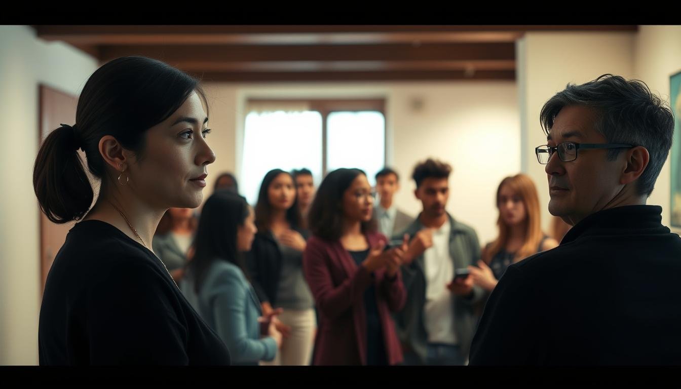 A serene group of people in a warm, softly lit room, engaged in thoughtful conversation. In the foreground, two individuals with single eyelids lean in, their expressions open and attentive, suggesting an intimate yet harmonious dialogue. The middle ground features a diverse array of people, each with unique facial features, gesturing and interacting with one another, conveying a sense of inclusive socialization. The background is subtly blurred, creating a sense of depth and focus on the interpersonal dynamics at the center of the scene. The overall mood is one of genuine connection, mutual understanding, and a spirit of openness and adaptability.