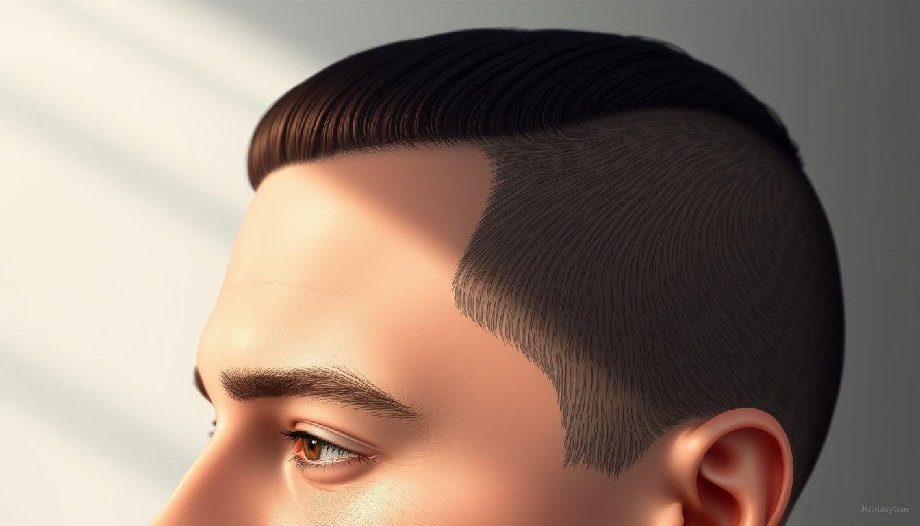 A serene, high-resolution digital illustration depicting a meticulously detailed human hairline profile. The subject's forehead is the focal point, showcasing a broad, expansive temple area and a prominent, elevated hairline. Soft, directional lighting accentuates the contours and textures of the skin, hair, and facial features, creating a sense of depth and dimensionality. The background is subtly blurred, allowing the viewer to focus on the intricate details of the hairline. The overall mood is one of contemplation and study, inviting the viewer to closely examine the nuances of this defining facial characteristic. A serene, high-resolution digital illustration depicting a meticulously detailed human hairline profile. The subject's forehead is the focal point, showcasing a broad, expansive temple area and a prominent, elevated hairline. Soft, directional lighting accentuates the contours and textures of the skin, hair, and facial features, creating a sense of depth and dimensionality. The background is subtly blurred, allowing the viewer to focus on the intricate details of the hairline. The overall mood is one of contemplation and study, inviting the viewer to closely examine the nuances of this defining facial characteristic.