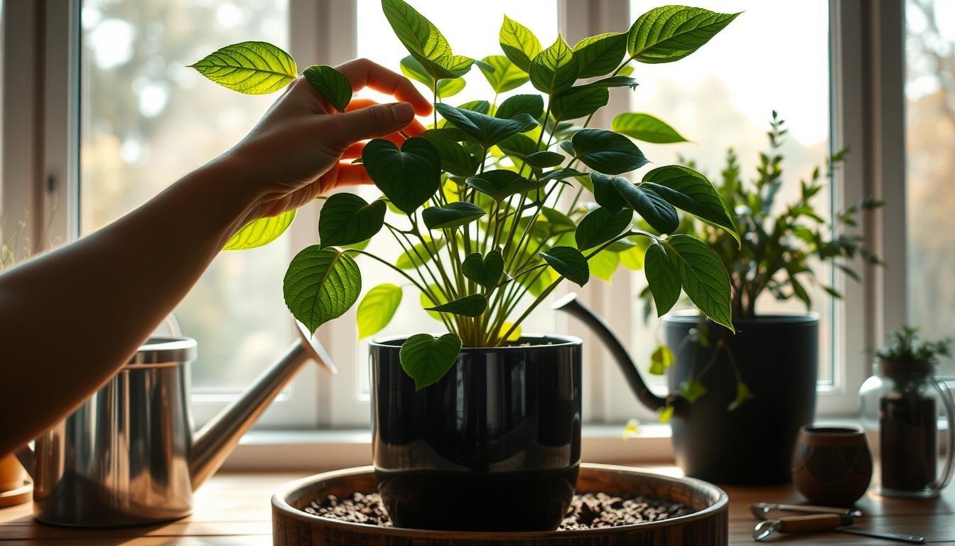 A serene indoor garden scene showcasing the seasonal maintenance of a potted plant. A person's hands gently lifting the plant's container, revealing moist, rich soil beneath. Soft, natural lighting filters in through large windows, casting a warm, tranquil ambiance. The plant's lush foliage and verdant leaves sway subtly, reflecting the harmony of this rhythmic ritual. Surrounding the central focus are complementary decor elements - a watering can, gardening tools, and perhaps a small table or shelf to accentuate the scene's contemplative atmosphere. An image that visually encapsulates the ebb and flow of dynamic feng shui practices, grounded in seasonal awareness and mindful maintenance. A serene indoor garden scene showcasing the seasonal maintenance of a potted plant. A person's hands gently lifting the plant's container, revealing moist, rich soil beneath. Soft, natural lighting filters in through large windows, casting a warm, tranquil ambiance. The plant's lush foliage and verdant leaves sway subtly, reflecting the harmony of this rhythmic ritual. Surrounding the central focus are complementary decor elements - a watering can, gardening tools, and perhaps a small table or shelf to accentuate the scene's contemplative atmosphere. An image that visually encapsulates the ebb and flow of dynamic feng shui practices, grounded in seasonal awareness and mindful maintenance.