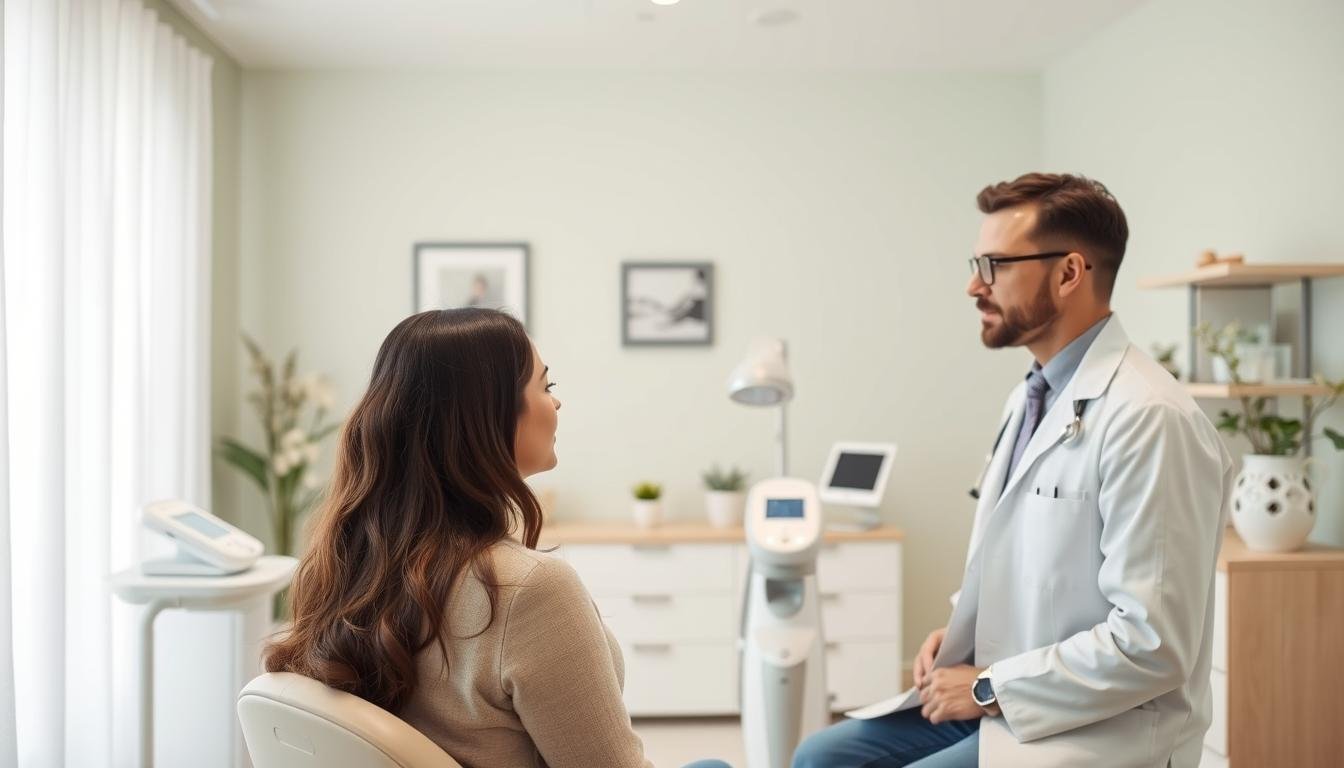 A serene medical clinic interior, with soft lighting and a calming atmosphere. In the foreground, a healthcare professional in a white coat consults with a patient, discussing safe and effective skin treatment options. The middle ground showcases various modern medical instruments and tools, conveying a sense of professionalism and expertise. The background features soothing pastel-colored walls, complemented by tasteful decor that contributes to the overall tranquil ambiance. The composition emphasizes the care and attention given to the patient's well-being, with a focus on the safe and responsible approach to skin care procedures. A serene medical clinic interior, with soft lighting and a calming atmosphere. In the foreground, a healthcare professional in a white coat consults with a patient, discussing safe and effective skin treatment options. The middle ground showcases various modern medical instruments and tools, conveying a sense of professionalism and expertise. The background features soothing pastel-colored walls, complemented by tasteful decor that contributes to the overall tranquil ambiance. The composition emphasizes the care and attention given to the patient's well-being, with a focus on the safe and responsible approach to skin care procedures.