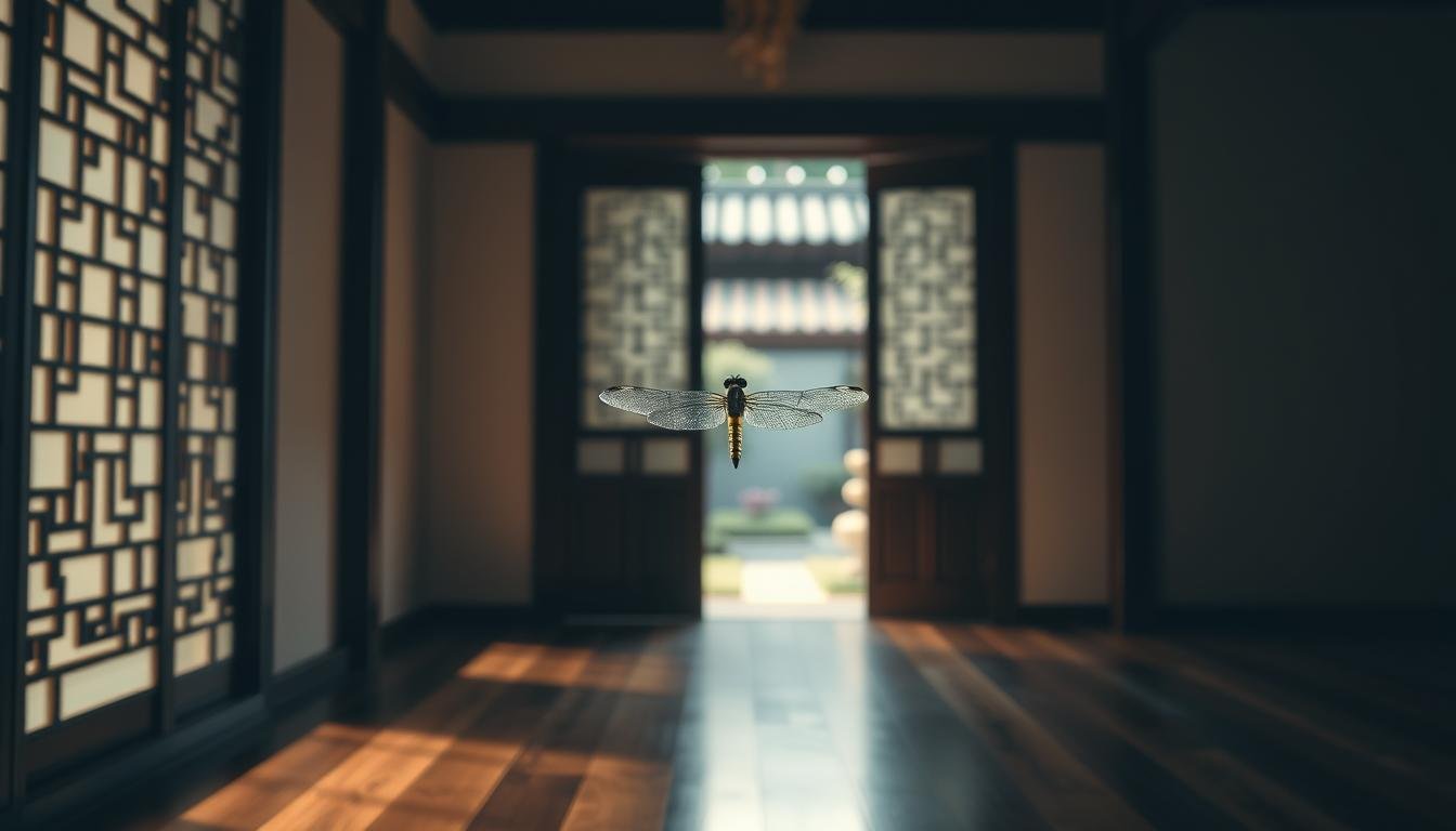 A serene, minimalist interior scene with a traditional Chinese architectural aesthetic. The camera angle is slightly elevated, capturing a doorway leading to an outdoor garden. Soft, natural lighting filters through the open door, casting warm hues on the wooden floors and paper screens. In the center of the frame, a lone dragonfly gracefully hovers, its iridescent wings seemingly catching the breeze. The composition exudes a sense of tranquility and thoughtful consideration, inviting the viewer to contemplate the significance of the dragonfly's presence and its potential feng shui implications.