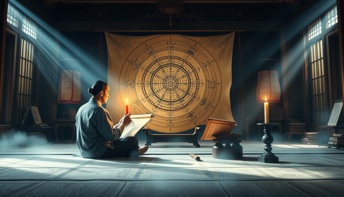 A serene, mystical scene depicting the profound insights of the Zi Wei Dou Shu (紫微斗數) astrological system. In the foreground, a scholar sits cross-legged, intently studying a weathered parchment scroll, illuminated by the warm glow of a single candle. The middle ground reveals a complex, celestial diagram, the intricate lines and symbols representing the interconnected forces that shape one's destiny. In the background, a dimly lit study is filled with ancient tomes and scrolls, casting an atmosphere of deep contemplation and esoteric knowledge. Shafts of soft, directional light filter through the windows, imbuing the scene with a sense of reverence and timeless wisdom. A serene, mystical scene depicting the profound insights of the Zi Wei Dou Shu (紫微斗數) astrological system. In the foreground, a scholar sits cross-legged, intently studying a weathered parchment scroll, illuminated by the warm glow of a single candle. The middle ground reveals a complex, celestial diagram, the intricate lines and symbols representing the interconnected forces that shape one's destiny. In the background, a dimly lit study is filled with ancient tomes and scrolls, casting an atmosphere of deep contemplation and esoteric knowledge. Shafts of soft, directional light filter through the windows, imbuing the scene with a sense of reverence and timeless wisdom.