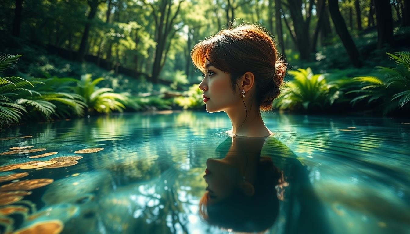 A serene, sun-dappled forest glade, with lush ferns and verdant foliage lining the edges. At the center, a tranquil pool of crystal-clear water, its surface rippling gently. Reflected in the water, a delicate, feminine profile emerges, the subject's alluring "美人溝" (beauty mark or dimple) on full display, accentuated by soft, diffused lighting and a dreamy, romantic atmosphere. The overall mood is one of calm, sensuality, and the mysteries of physiognomy. Capture this scene with a medium-wide lens, using a shallow depth of field to focus attention on the subject's captivating facial features. A serene, sun-dappled forest glade, with lush ferns and verdant foliage lining the edges. At the center, a tranquil pool of crystal-clear water, its surface rippling gently. Reflected in the water, a delicate, feminine profile emerges, the subject's alluring "美人溝" (beauty mark or dimple) on full display, accentuated by soft, diffused lighting and a dreamy, romantic atmosphere. The overall mood is one of calm, sensuality, and the mysteries of physiognomy. Capture this scene with a medium-wide lens, using a shallow depth of field to focus attention on the subject's captivating facial features.