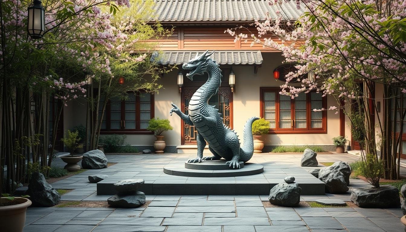 A serene, traditional Chinese courtyard with a majestic dragon statue poised in the center. The dragon's coiled body and outstretched wings command the space, imbuing it with an auspicious energy. Soft, diffuse lighting filters through the surrounding bamboo and cherry blossom trees, casting a warm, contemplative glow. The arrangement of stones, water features, and harmonious landscaping elements create a balanced, feng shui-inspired composition. The dragon's positioning aligns with the cardinal directions, channeling the flow of positive qi throughout the space. An atmosphere of tranquility and harmony pervades, inviting one to meditate on the principles of dragon feng shui.