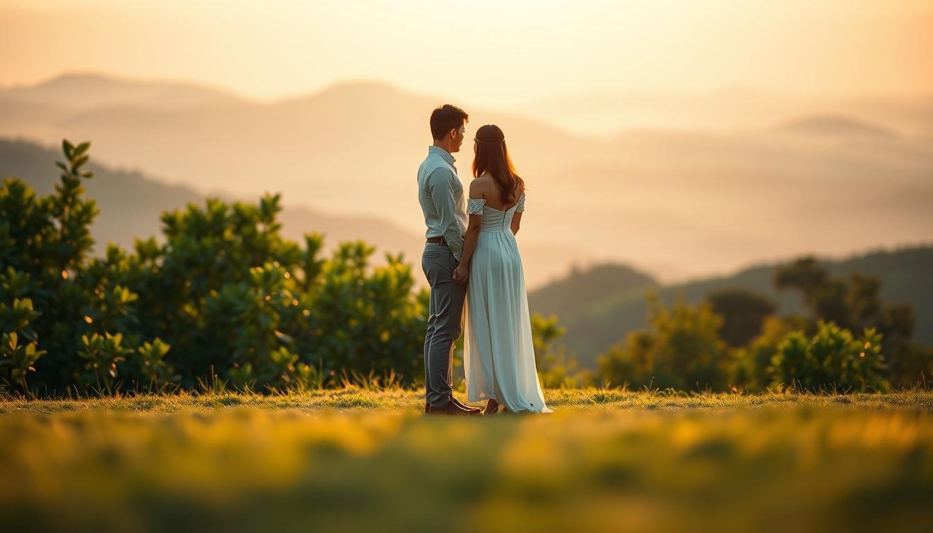 A serene, tranquil scene depicting the essence of "marriage" (婚姻). In the foreground, a harmonious couple stand side by side, their hands clasped tenderly. Warm, soft lighting casts a gentle glow, evoking a sense of intimacy and connection. The middle ground features lush, verdant foliage, symbolizing the growth and nurturing nature of a healthy union. In the background, a picturesque landscape unfolds, with rolling hills and a distant, hazy horizon, conveying a sense of timelessness and stability. The overall mood is one of contentment, balance, and the profound bond between two individuals united in matrimony. A serene, tranquil scene depicting the essence of "marriage" (婚姻). In the foreground, a harmonious couple stand side by side, their hands clasped tenderly. Warm, soft lighting casts a gentle glow, evoking a sense of intimacy and connection. The middle ground features lush, verdant foliage, symbolizing the growth and nurturing nature of a healthy union. In the background, a picturesque landscape unfolds, with rolling hills and a distant, hazy horizon, conveying a sense of timelessness and stability. The overall mood is one of contentment, balance, and the profound bond between two individuals united in matrimony.