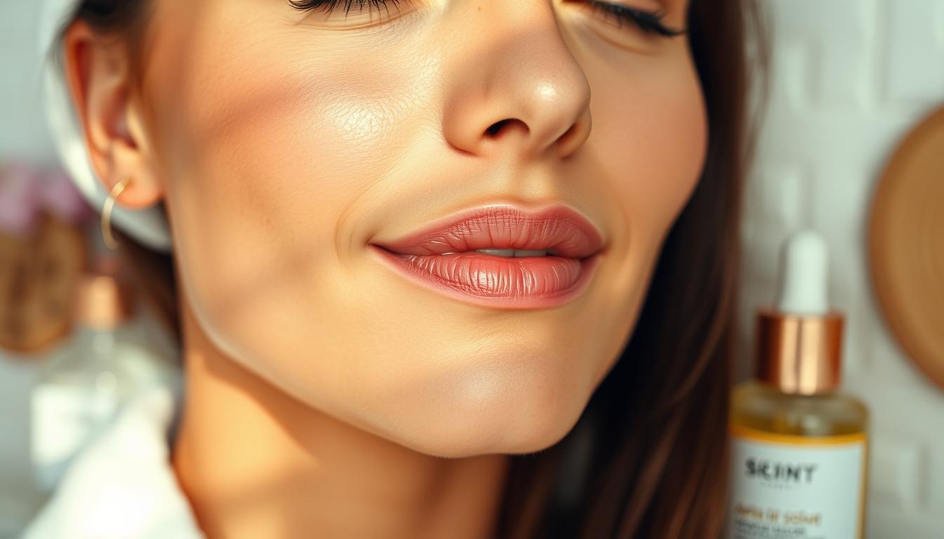 A serene, well-lit close-up view of a woman's face, her skin glowing with a healthy, youthful radiance. The soft, diffused lighting highlights the contours of her face, drawing attention to her prominent, defined cheekbones - the hallmark of the coveted "apple cheek" facial structure. The image captures the tranquil, spa-like atmosphere of a self-care routine, with a soothing, natural color palette and a sense of calm, meditative focus. Subtle hints of skincare products, like a hydrating serum or facial oil, are visible, complementing the woman's serene expression and radiant complexion. The overall mood evokes a sense of well-being, inner balance, and the rewarding results of a diligent, holistic approach to facial rejuvenation.