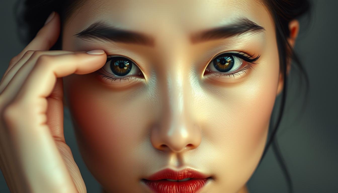 A serene yet alluring woman with piercing phoenix-like eyes gazes intently, her gaze capturing the essence of traditional Chinese physiognomy. Soft yet intense lighting illuminates her delicate features, accentuating the captivating shape and expressive nature of her eyes. The scene is set against a muted, ethereal backdrop, allowing the subject to take center stage and convey the deep-rooted symbolism and personal significance associated with the distinct "phoenix eyes" in Chinese face reading traditions. A serene yet alluring woman with piercing phoenix-like eyes gazes intently, her gaze capturing the essence of traditional Chinese physiognomy. Soft yet intense lighting illuminates her delicate features, accentuating the captivating shape and expressive nature of her eyes. The scene is set against a muted, ethereal backdrop, allowing the subject to take center stage and convey the deep-rooted symbolism and personal significance associated with the distinct "phoenix eyes" in Chinese face reading traditions.