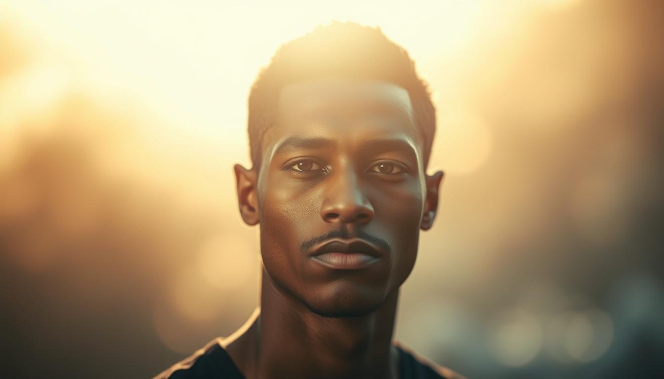 A serene yet determined figure stands in the foreground, embodying the essence of "Grit" and "Self-Efficacy". The subject's face is sharply defined, with a strong, resolute jawline that conveys an unwavering sense of purpose. The lighting is soft and diffused, casting a warm, introspective glow that highlights the subject's thoughtful expression. In the middle ground, a hazy, abstract backdrop suggests a journey of personal growth and self-discovery. The overall atmosphere is one of quiet contemplation, with a sense of inner strength and resilience radiating from the central figure. Captured through a medium-close-up lens, the image invites the viewer to connect with the subject's determination and self-belief, reflecting the bridge between traditional physiognomy and modern psychological concepts. A serene yet determined figure stands in the foreground, embodying the essence of "Grit" and "Self-Efficacy". The subject's face is sharply defined, with a strong, resolute jawline that conveys an unwavering sense of purpose. The lighting is soft and diffused, casting a warm, introspective glow that highlights the subject's thoughtful expression. In the middle ground, a hazy, abstract backdrop suggests a journey of personal growth and self-discovery. The overall atmosphere is one of quiet contemplation, with a sense of inner strength and resilience radiating from the central figure. Captured through a medium-close-up lens, the image invites the viewer to connect with the subject's determination and self-belief, reflecting the bridge between traditional physiognomy and modern psychological concepts.