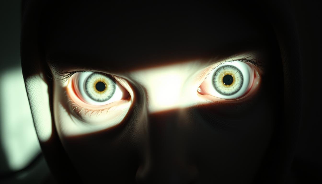 A striking close-up of a pair of intense, wide-open eyes with a pronounced scleral show, creating a captivating and unsettling "four-white-eye" expression. The iris and pupil are minimal, lending an otherworldly, piercing gaze. The eyelids are slightly hooded, adding an ominous, brooding quality. Dramatic side lighting casts deep shadows across the face, emphasizing the dramatic features. The skin tone is pale and luminous, heightening the haunting, almost supernatural quality of the subject. The background is blurred and indistinct, keeping the focus solely on the mesmerizing, piercing stare. A striking close-up of a pair of intense, wide-open eyes with a pronounced scleral show, creating a captivating and unsettling "four-white-eye" expression. The iris and pupil are minimal, lending an otherworldly, piercing gaze. The eyelids are slightly hooded, adding an ominous, brooding quality. Dramatic side lighting casts deep shadows across the face, emphasizing the dramatic features. The skin tone is pale and luminous, heightening the haunting, almost supernatural quality of the subject. The background is blurred and indistinct, keeping the focus solely on the mesmerizing, piercing stare.