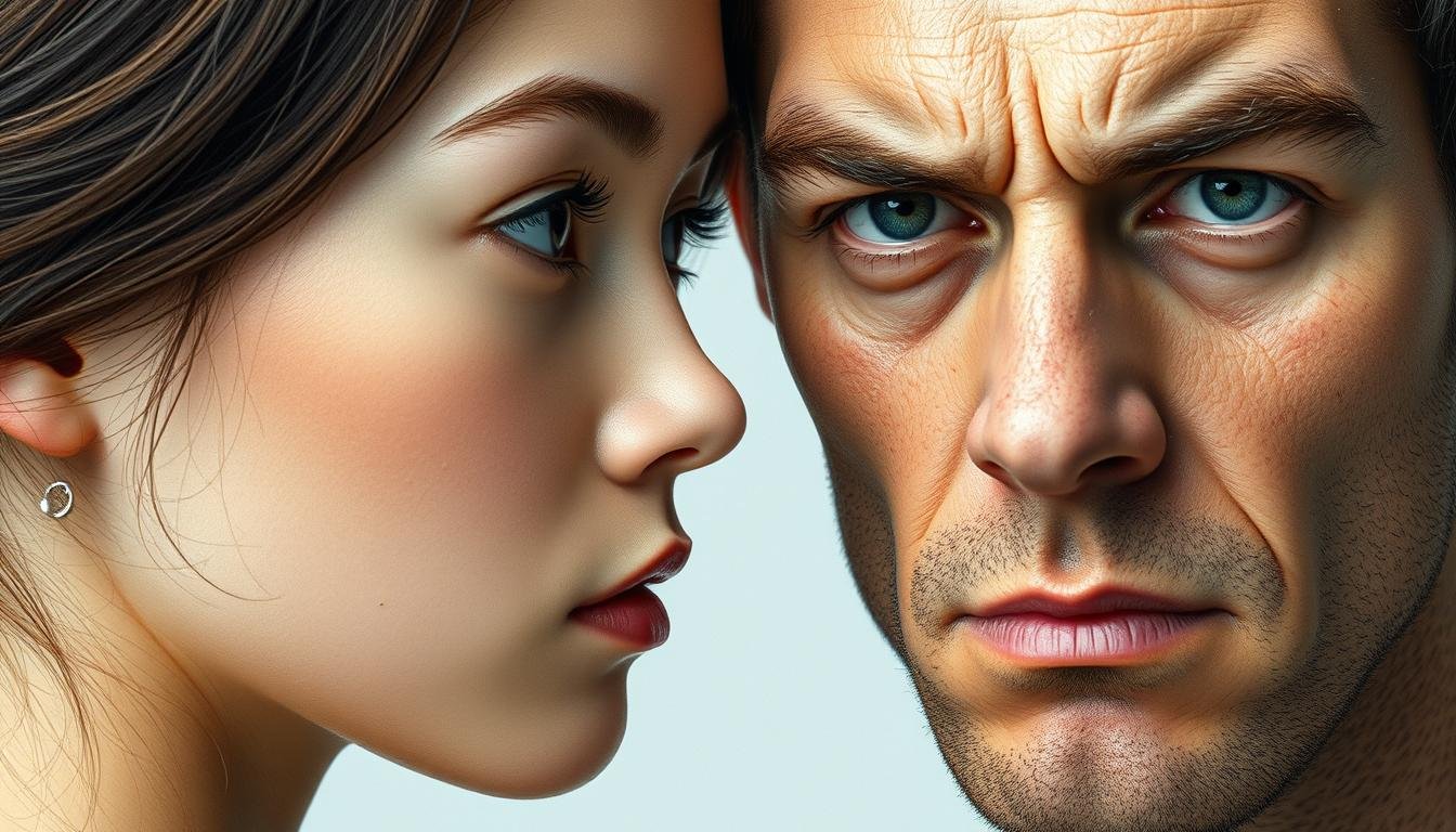 A striking close-up of two contrasting facial profiles, meticulously rendered with Stable Diffusion. In the foreground, a youthful face with delicate features and captivating "peach blossom" eyes, embodying an alluring yet elusive charm. Beside it, a sharper, more angular visage with a cynical expression, conveying an air of calculated indifference - the so-called "scum man" physiognomy. Subtle lighting accentuates the distinct bone structures and nuanced textures, inviting the viewer to scrutinize the subtle differences between these archetypes. A neutral, contemplative background allows the physiognomic comparison to take center stage, provoking reflection on the complexities of face reading and its social implications.