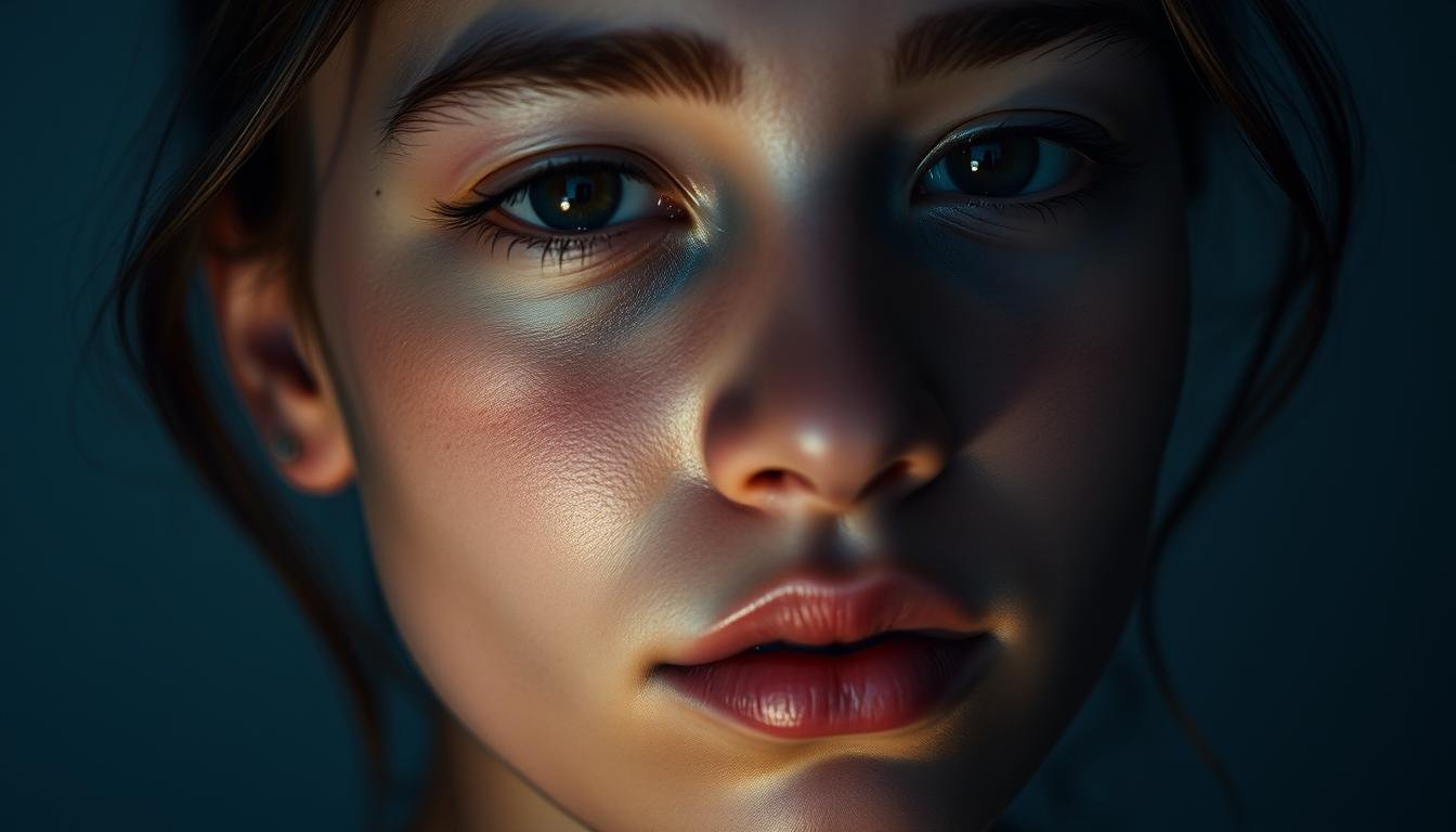A subtly illuminated close-up portrait of a serene, youthful face, radiating an aura of introspection and self-awareness. The skin has a soft, luminous quality, with delicate features that highlight the contours and shadows of the face. The eyes convey a sense of depth and insight, while the cheekbones and jawline are defined yet gentle. The lighting is carefully angled to accentuate the depth and nuance of the facial features, creating a mesmerizing interplay of light and shadow. The background is out of focus, allowing the face to be the sole focus of attention, drawing the viewer into a contemplative exploration of the subject's character and inner world.