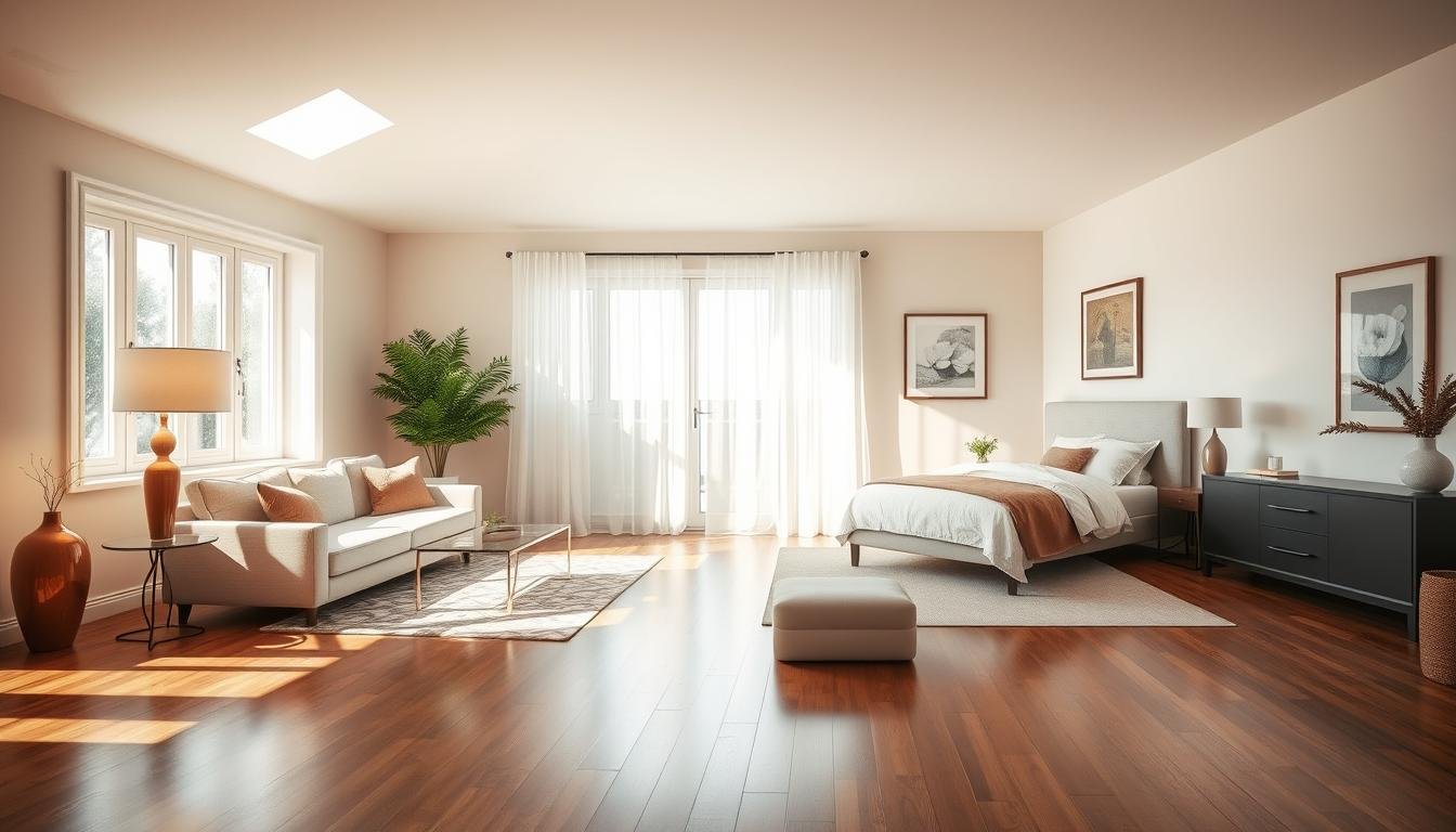 A sun-drenched living room with cozy seating, complemented by a tranquil bedroom showcasing a serene bed and nightstands. Polished hardwood floors and neutral-toned walls create a harmonious backdrop. Soft lighting from floor lamps and windows illuminates the space, emphasizing the balance between the two areas. Elegant vases, lush potted plants, and tasteful artwork add subtle touches of decor. The overall atmosphere conveys a sense of relaxation and mindful living, inviting the viewer to consider the placement and flow of these essential spaces.