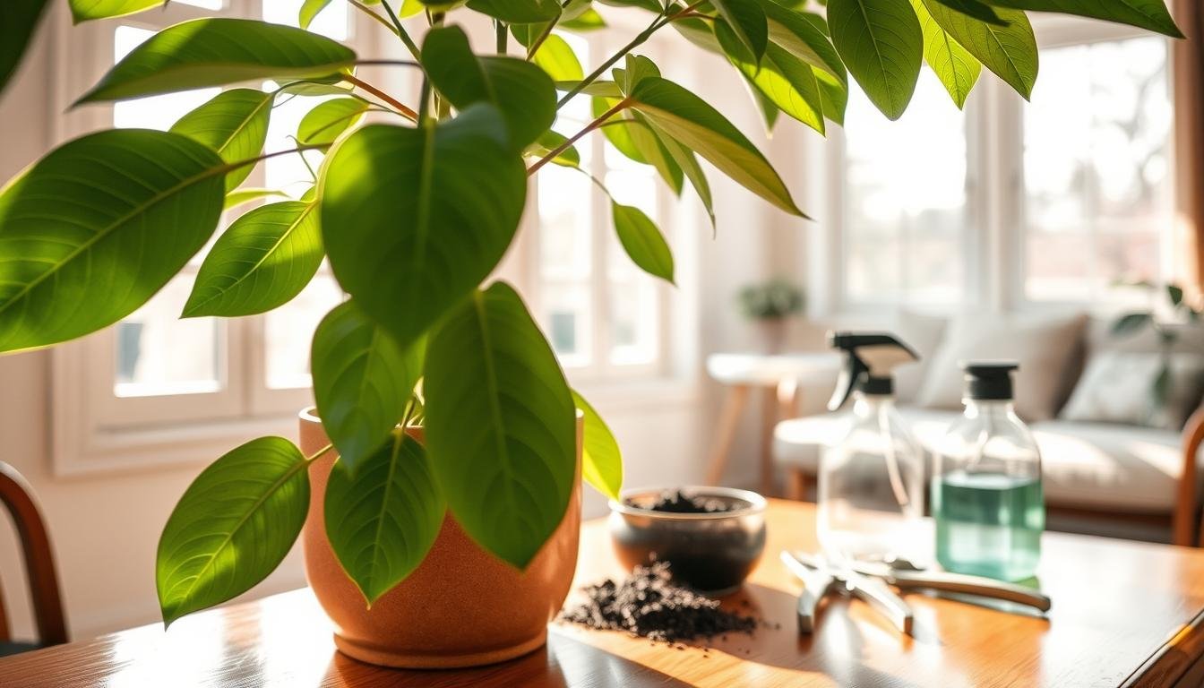 A sunlit indoor scene showcasing the key elements of caring for a healthy Ficus Benjamina plant, the focus of a feng shui article. In the foreground, lush green leaves gently sway, their veins distinct. A ceramic pot in an earthy tone sits on a polished wooden table, the plant's roots visible through the transparent sides. In the middle ground, a natural light filters in through large windows, creating a warm, serene atmosphere. Potting soil, pruning shears, and a spray bottle are neatly arranged, conveying the mindful approach to plant care. The background fades into soft, blurred neutrals, directing attention to the plant's vibrant presence and its role in cultivating a positive energy flow. A sunlit indoor scene showcasing the key elements of caring for a healthy Ficus Benjamina plant, the focus of a feng shui article. In the foreground, lush green leaves gently sway, their veins distinct. A ceramic pot in an earthy tone sits on a polished wooden table, the plant's roots visible through the transparent sides. In the middle ground, a natural light filters in through large windows, creating a warm, serene atmosphere. Potting soil, pruning shears, and a spray bottle are neatly arranged, conveying the mindful approach to plant care. The background fades into soft, blurred neutrals, directing attention to the plant's vibrant presence and its role in cultivating a positive energy flow.
