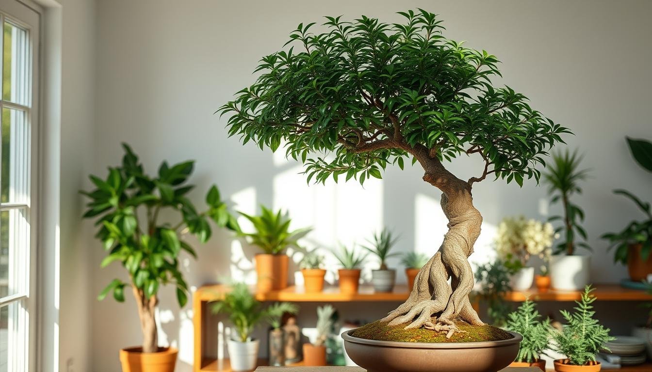 A sunlit study filled with lush, verdant potted plants. In the foreground, a graceful, leafy cypress bonsai takes center stage, its gnarled trunk and delicate foliage casting intricate shadows. Behind it, an assortment of succulents and small ferns adorn a wooden shelf, their varied shapes and textures complementing the bonsai's striking presence. The middle ground features a harmonious arrangement of potted plants of differing sizes, each thoughtfully positioned to create a sense of balance and natural flow. The background showcases a minimalist, serene interior, with neutral-toned walls and soft, diffused lighting that enhances the tranquil atmosphere. The overall composition conveys a sense of harmony, wellness, and a reverence for the natural world. A sunlit study filled with lush, verdant potted plants. In the foreground, a graceful, leafy cypress bonsai takes center stage, its gnarled trunk and delicate foliage casting intricate shadows. Behind it, an assortment of succulents and small ferns adorn a wooden shelf, their varied shapes and textures complementing the bonsai's striking presence. The middle ground features a harmonious arrangement of potted plants of differing sizes, each thoughtfully positioned to create a sense of balance and natural flow. The background showcases a minimalist, serene interior, with neutral-toned walls and soft, diffused lighting that enhances the tranquil atmosphere. The overall composition conveys a sense of harmony, wellness, and a reverence for the natural world.