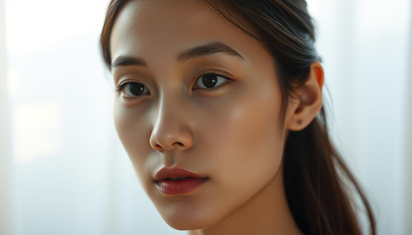 A thoughtful and introspective portrait of "觀念校正 法令紋". A serene, well-lit scene captures the subject's face in a neutral expression, with a warm, diffused light illuminating the features. The skin is smooth and luminous, with the delicate lines of the forehead and brow clearly visible, but not overly emphasized. The eyes convey a sense of contemplation, hinting at the deeper meaning behind the concept of "法令紋". The background is softly blurred, allowing the viewer to focus on the subject's face and the subtle interplay of light and shadow that reveals the nuances of the facial structure. The overall mood is one of calm introspection, inviting the viewer to consider the complexities of understanding one's own destiny through the lens of facial features.