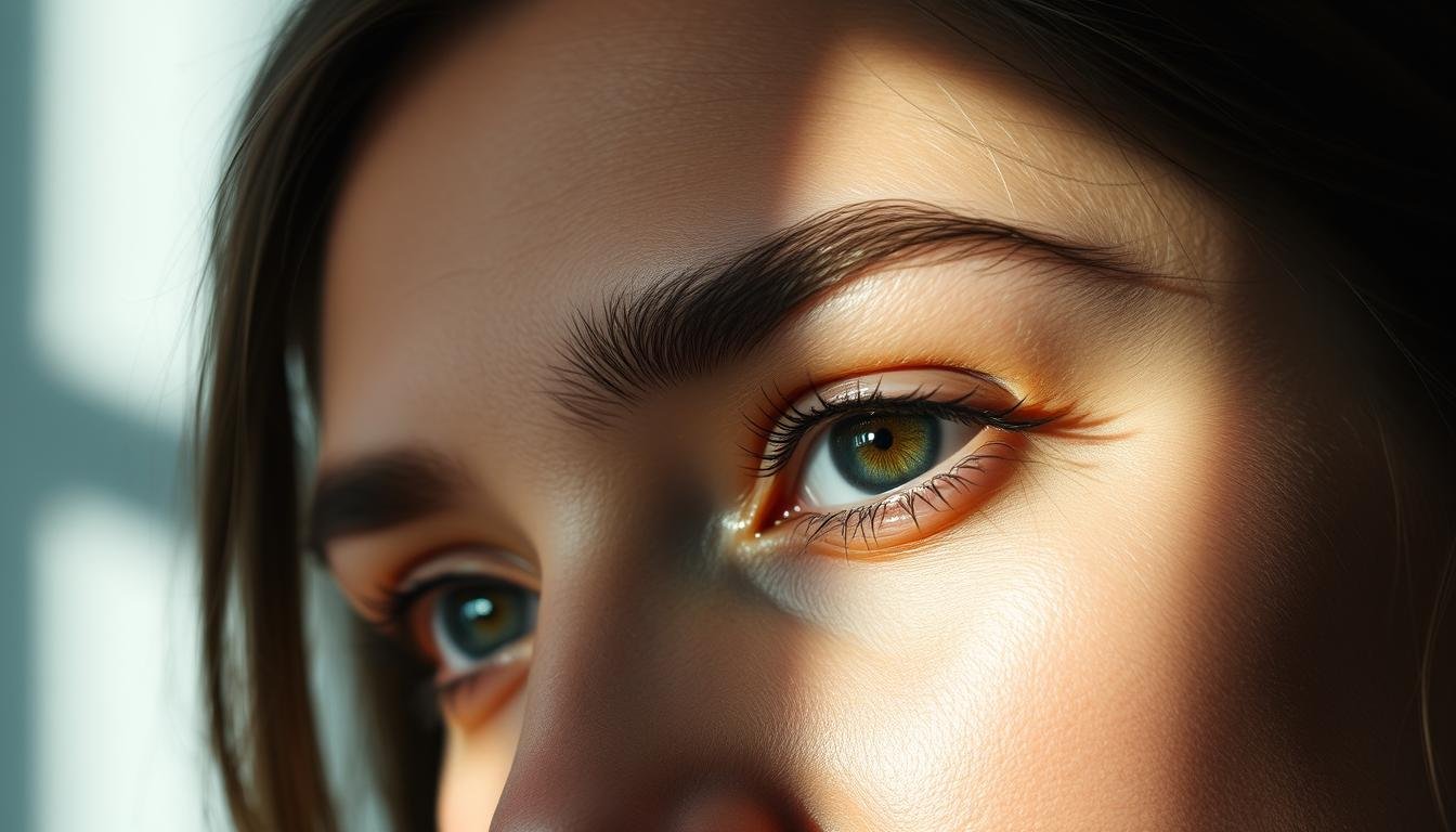 A thoughtful, elegant close-up portrait of a person's eyebrows and eyes, illuminated by soft, natural lighting that accentuates the intricate details. The face is angled slightly to the side, creating a sense of depth and character. The eyebrows are well-groomed, with a distinct arch that suggests an air of calmness and focus. The eyes are piercing yet serene, conveying a balance of intensity and tranquility. The overall composition and mood evoke a sense of self-reflection and introspection, alluding to the deeper meanings behind the distance between the eyebrows and eyes.