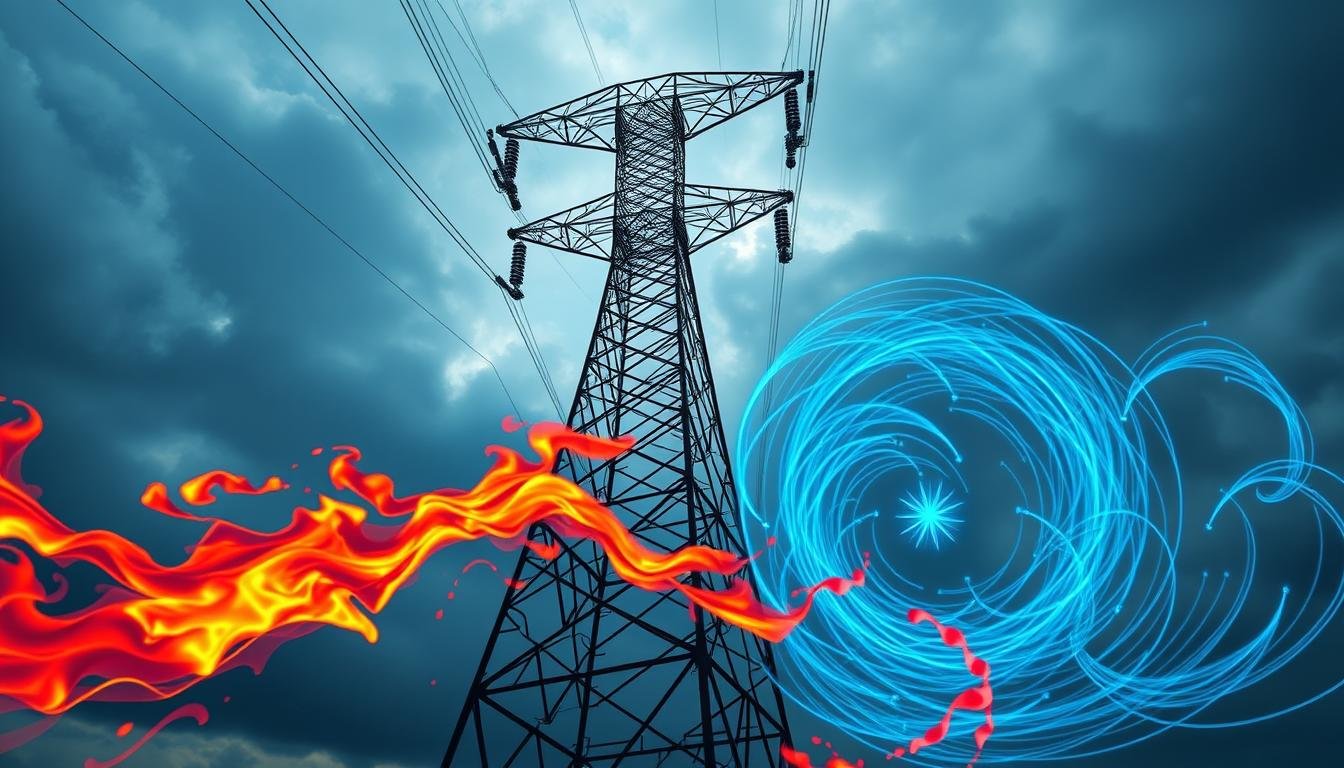 A towering high-voltage power transmission tower stands against a dramatic sky, its latticed metallic structure casting ominous shadows. In the foreground, a chaotic swirl of fiery red and orange energy pulses, representing the "fire sha" or negative feng shui energy emanating from the tower. Surrounding the tower, a vortex of cyan-blue magnetic waves illustrates the "magnetic sha" disrupting the natural flows. The scene conveys a sense of unsettling tension and the need to mitigate these powerful, disruptive forces to achieve harmonious living conditions. Dramatic lighting illuminates the scene, heightening the sense of foreboding. Captured with a wide-angle lens to emphasize the scale and imposing nature of the power tower.