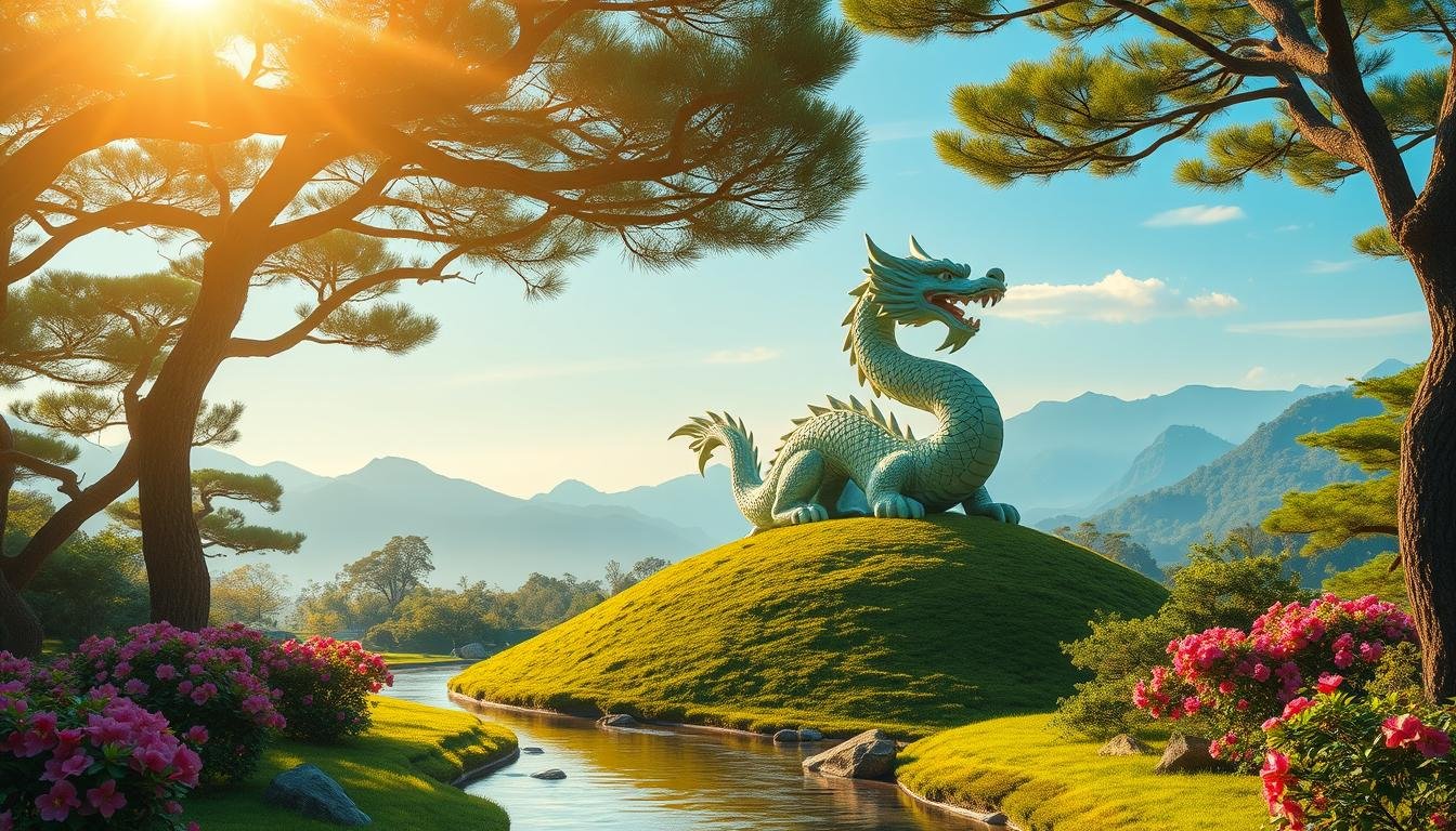 A tranquil and harmonious scene depicting the "青龍方位" in a traditional Chinese landscape. The focal point is a majestic, jade-colored dragon sculpture, its serpentine form coiled gracefully atop a gently sloping hill. The surrounding environment is lush with verdant foliage - towering pine trees, vibrant azalea bushes, and a meandering stream that reflects the azure sky above. Warm, diffused sunlight filters through the canopy, casting a serene, golden glow over the entire composition. The atmosphere is one of balance, natural harmony, and reverence for the auspicious dragon energy. In the distance, hazy blue mountains rise majestically, completing the tranquil, picturesque scene.
