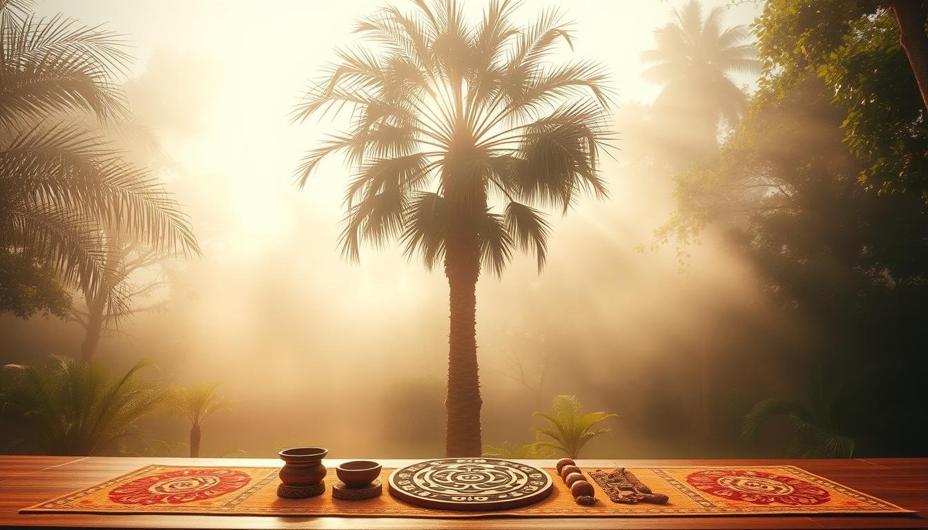 A tranquil and serene Sago palm tree stands tall, its fronds gently swaying in the breeze. The tree is situated in a lush, verdant garden, surrounded by a delicate mist that creates an ethereal, almost mystical atmosphere. Sunlight filters through the mist, casting a warm, golden glow on the scene. In the foreground, intricate symbols and talismans are carefully arranged, their ancient designs and patterns imbued with the power to ward off negative energies and promote harmony and balance. The overall composition evokes a sense of timeless wisdom and the harmonious coexistence of nature and the spiritual realm.