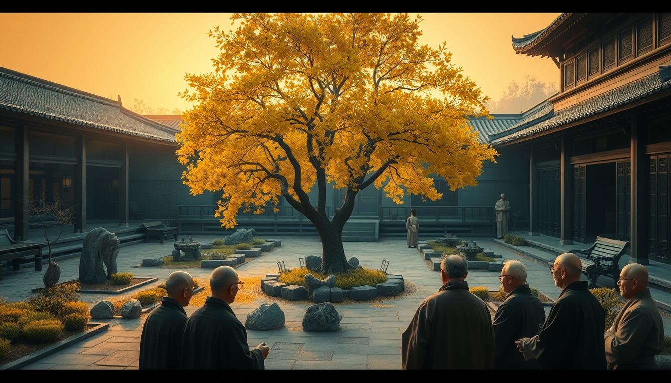 A tranquil courtyard of an ancient Chinese residence, bathed in the warm glow of the setting sun. In the center, a majestic ginkgo tree stands tall, its golden fan-shaped leaves rustling gently in the breeze. Surrounding the tree, a carefully curated garden with meticulously arranged rocks, ponds, and stone pathways. The scene exudes a sense of harmony and balance, reflecting the principles of traditional Chinese feng shui. In the foreground, a group of scholars or elders engage in a thoughtful discussion, their robes and facial expressions conveying an air of contemplation and wisdom. The overall atmosphere is one of tranquility, timelessness, and the enduring connection between nature and human wisdom.