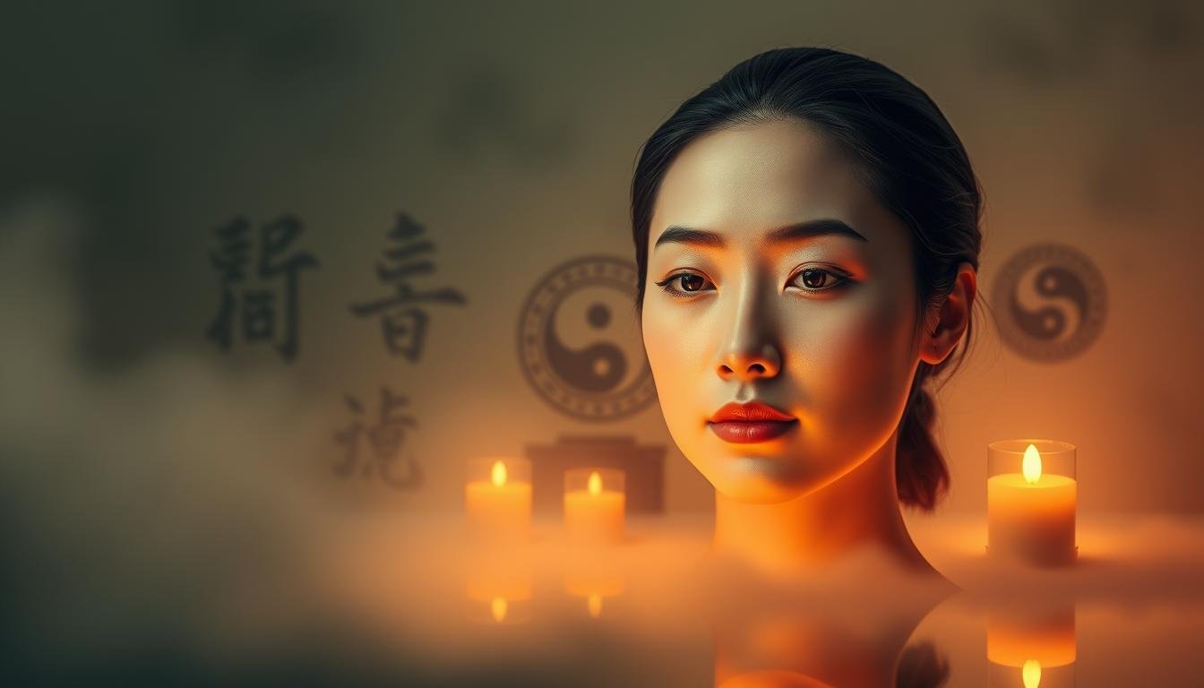 A tranquil, harmonious scene depicting the essence of "good fortune" in face reading. In the foreground, a serene face with balanced, symmetrical features illuminated by soft, warm lighting. The middle ground showcases symbolic elements of Chinese face reading - a yin-yang symbol, calligraphic scripts, and ancient facial analysis tools. The background is hazy, dreamlike, with muted tones evoking a sense of timeless wisdom and mystical insight. The overall composition conveys a sense of balance, introspection, and optimism - the hallmarks of a fortunate, fulfilled life according to the principles of physiognomy.